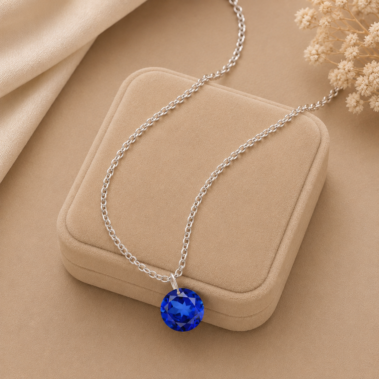 Round Blue Sapphire Solitaire Necklace - 925 sterling Silver