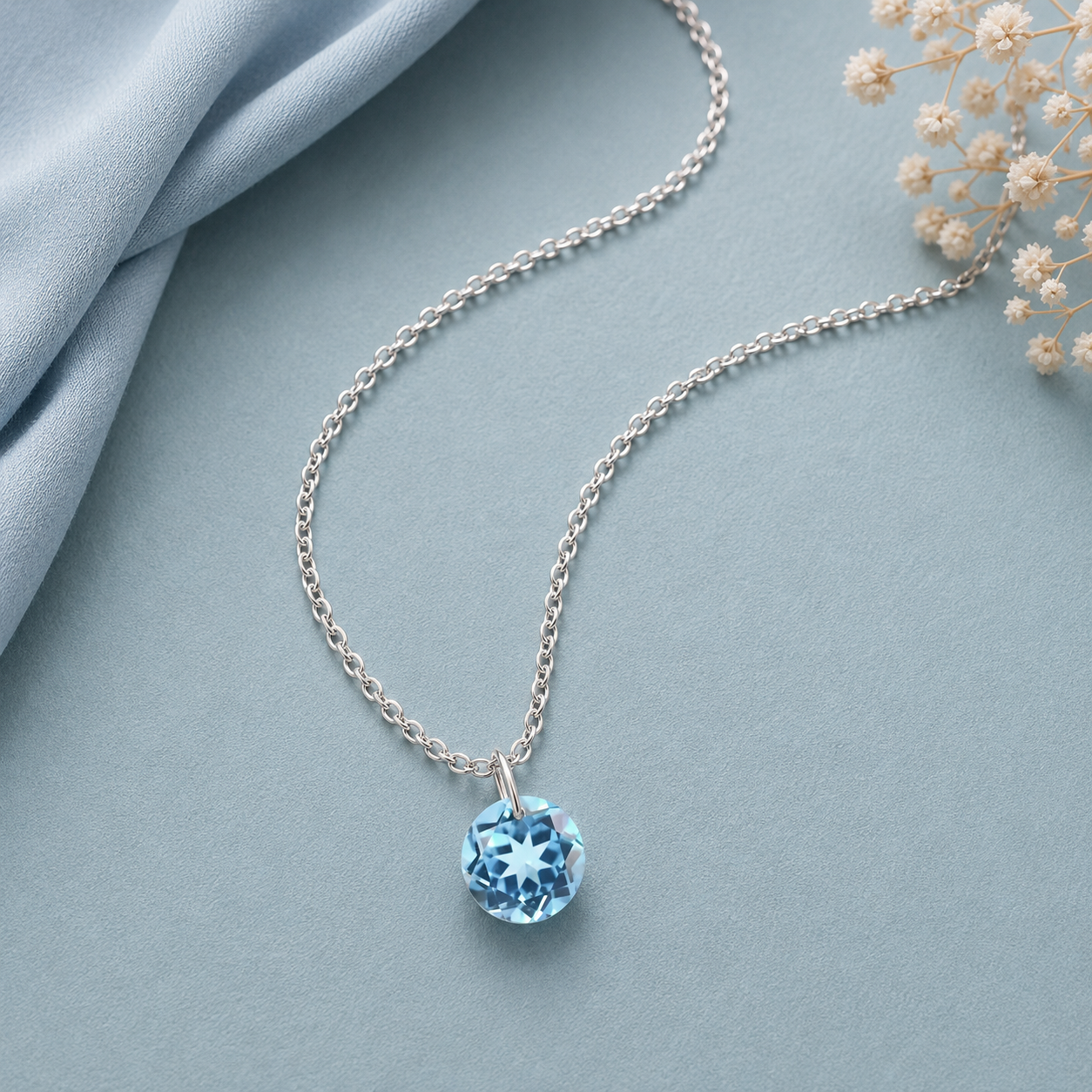 Round Blue Topaz Solitaire Necklace - 925 sterling Silver
