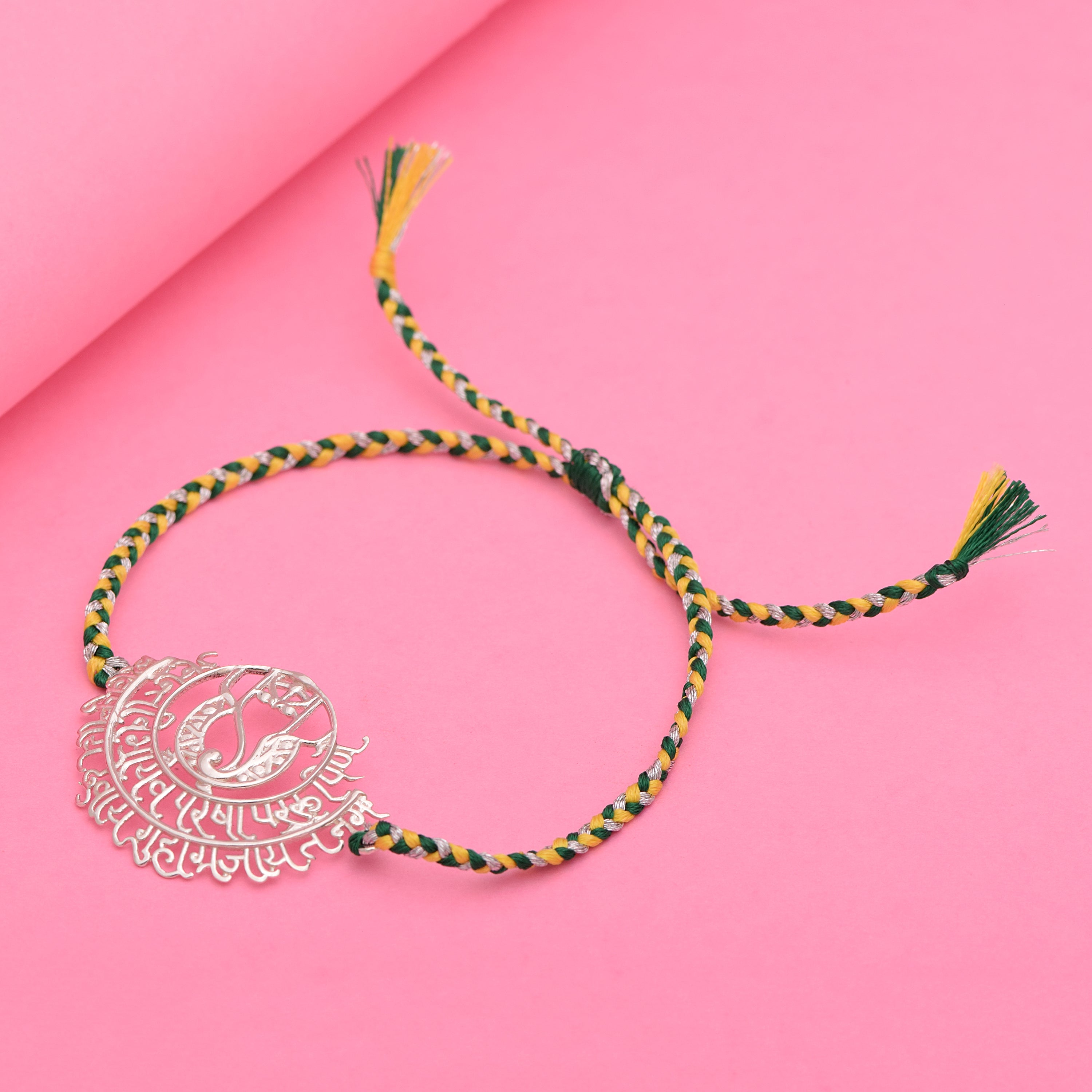 Green & Yellow Thread Rakhi Bracelet - Sterling Silver