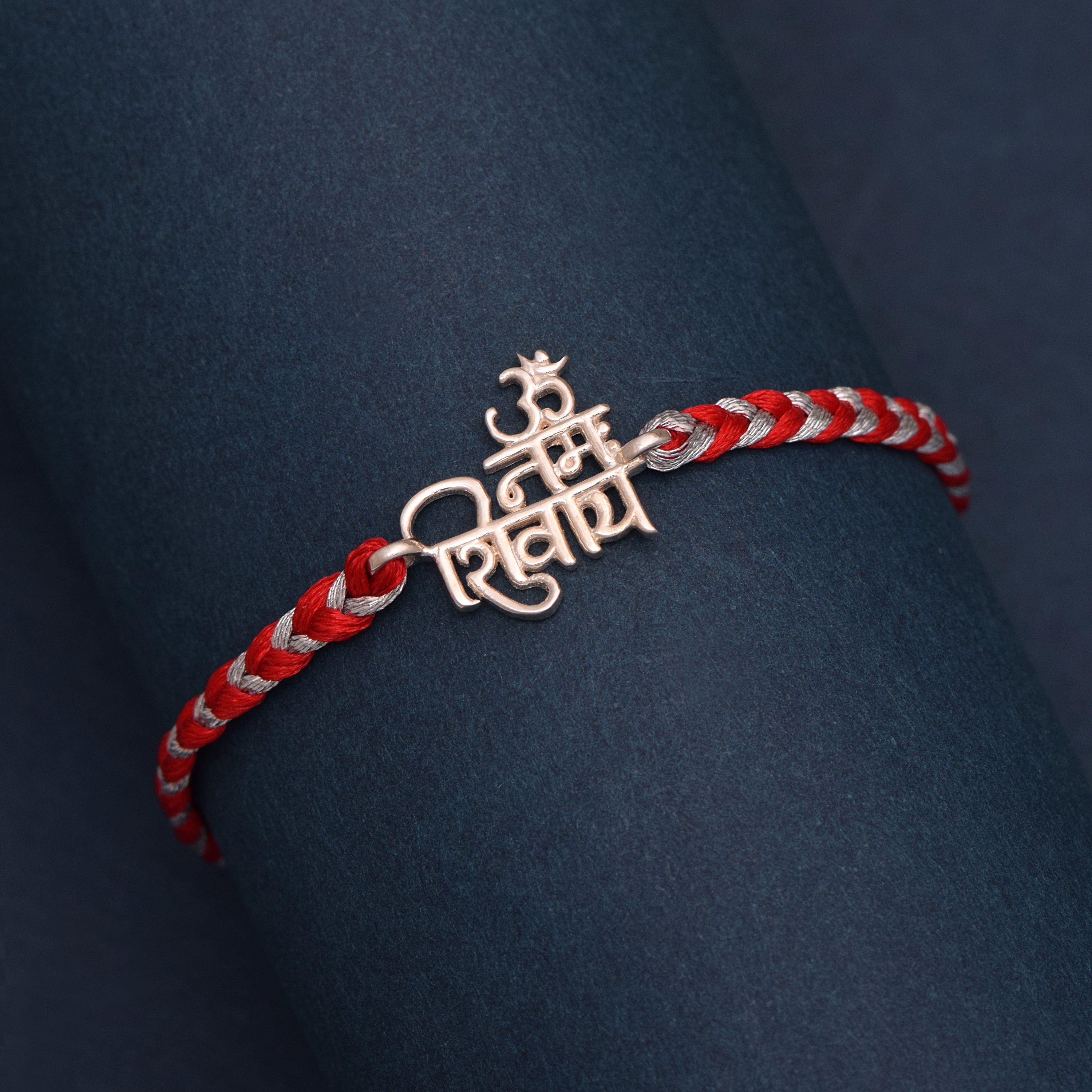 “Om Namah Shivaya” Red & White Thread Rakhi Bracelet - Sterling Silver