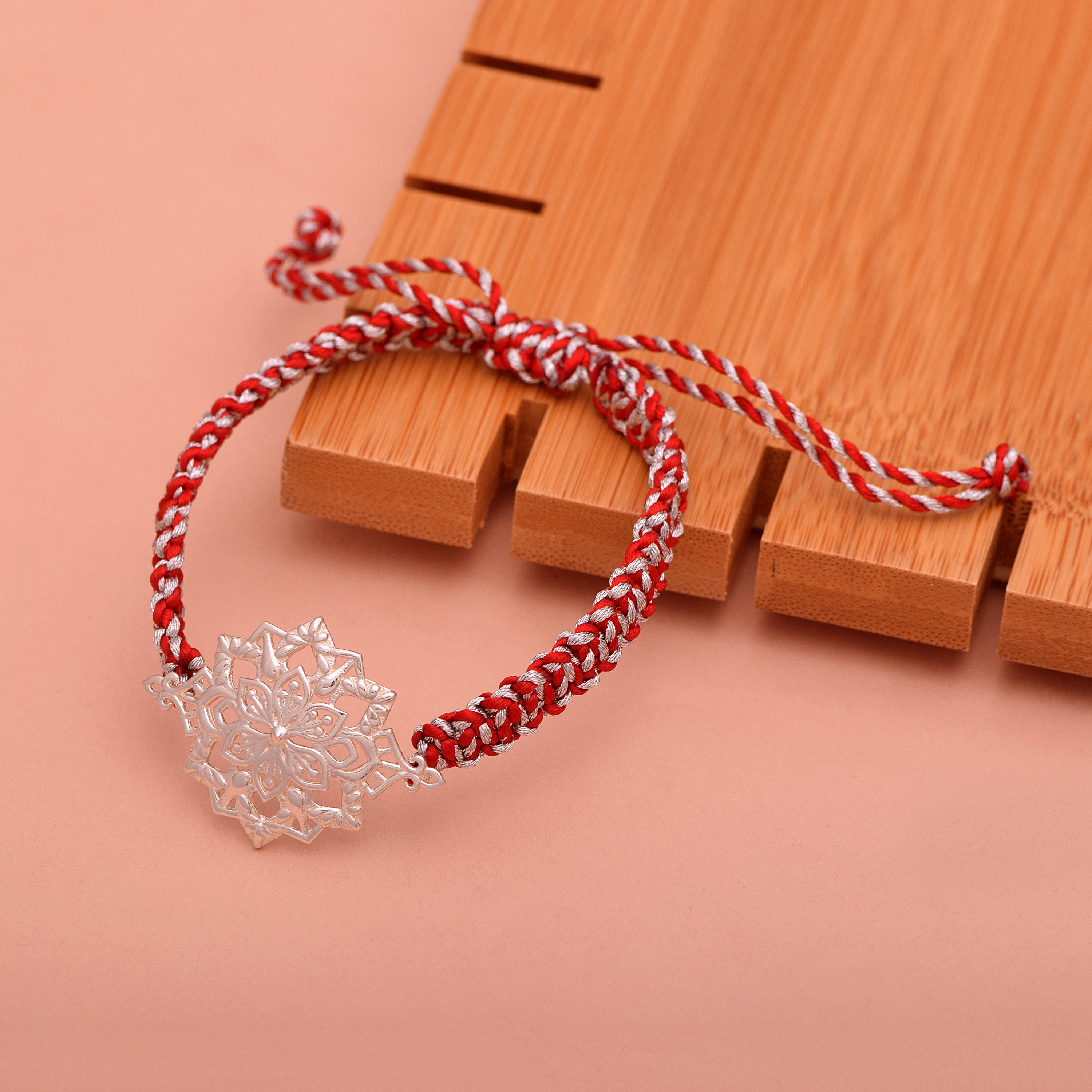 Red & White Macrame Thread Rakhi Bracelet - Sterling Silver