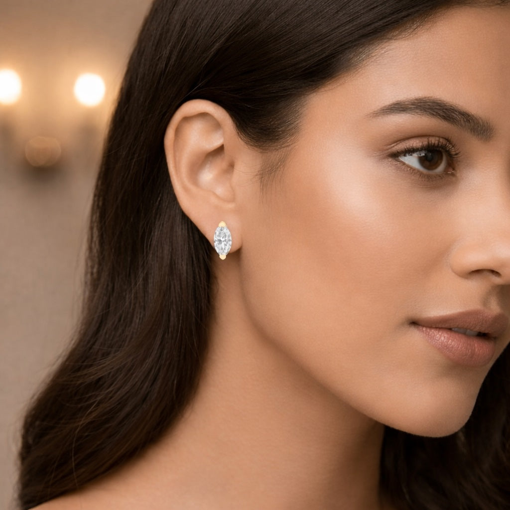 White CZ Marquise Stud Earrings - 925 Silver Gold Plated