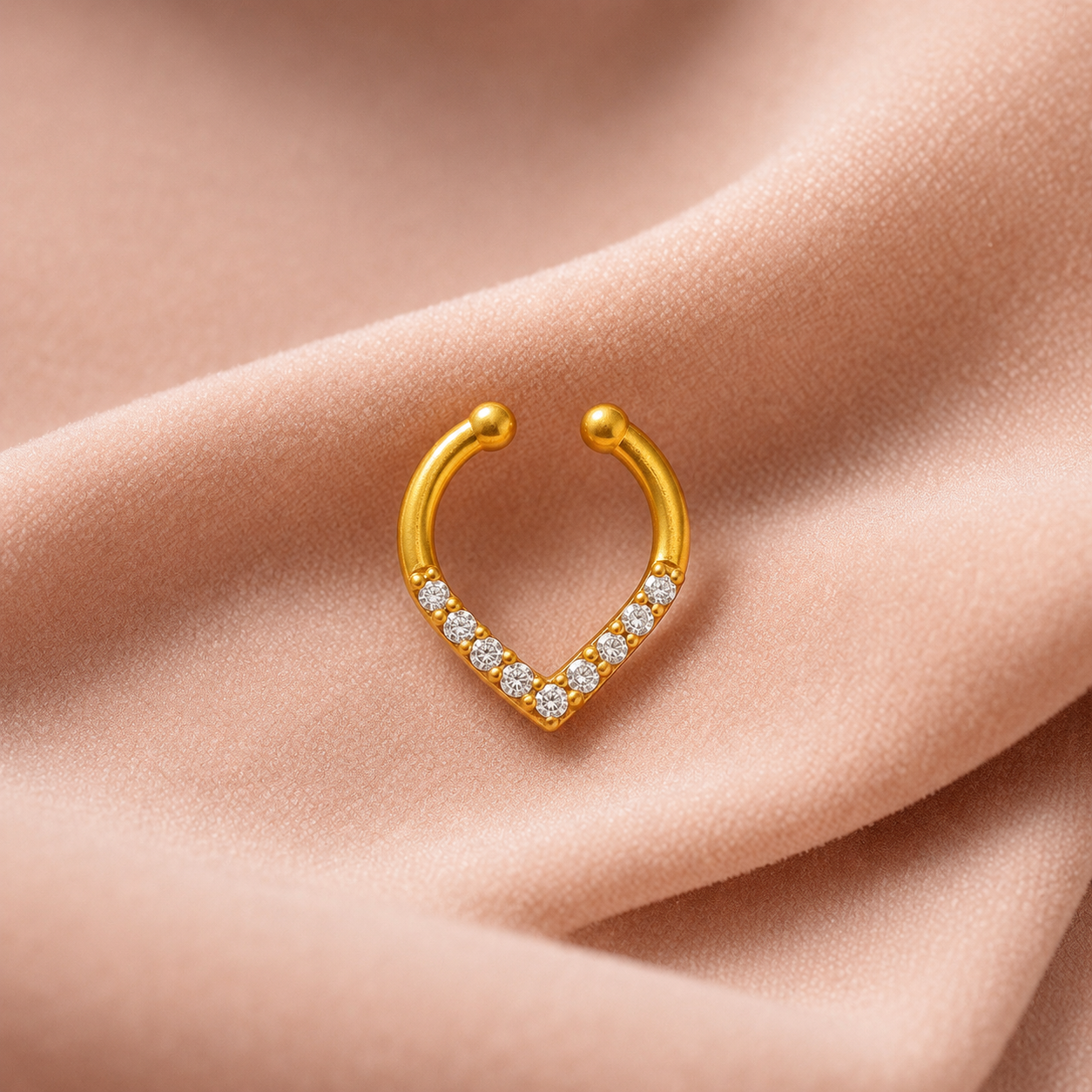 Gold Plated CZ Septum Ring – Minimal V Shape Open Nose Ring Design