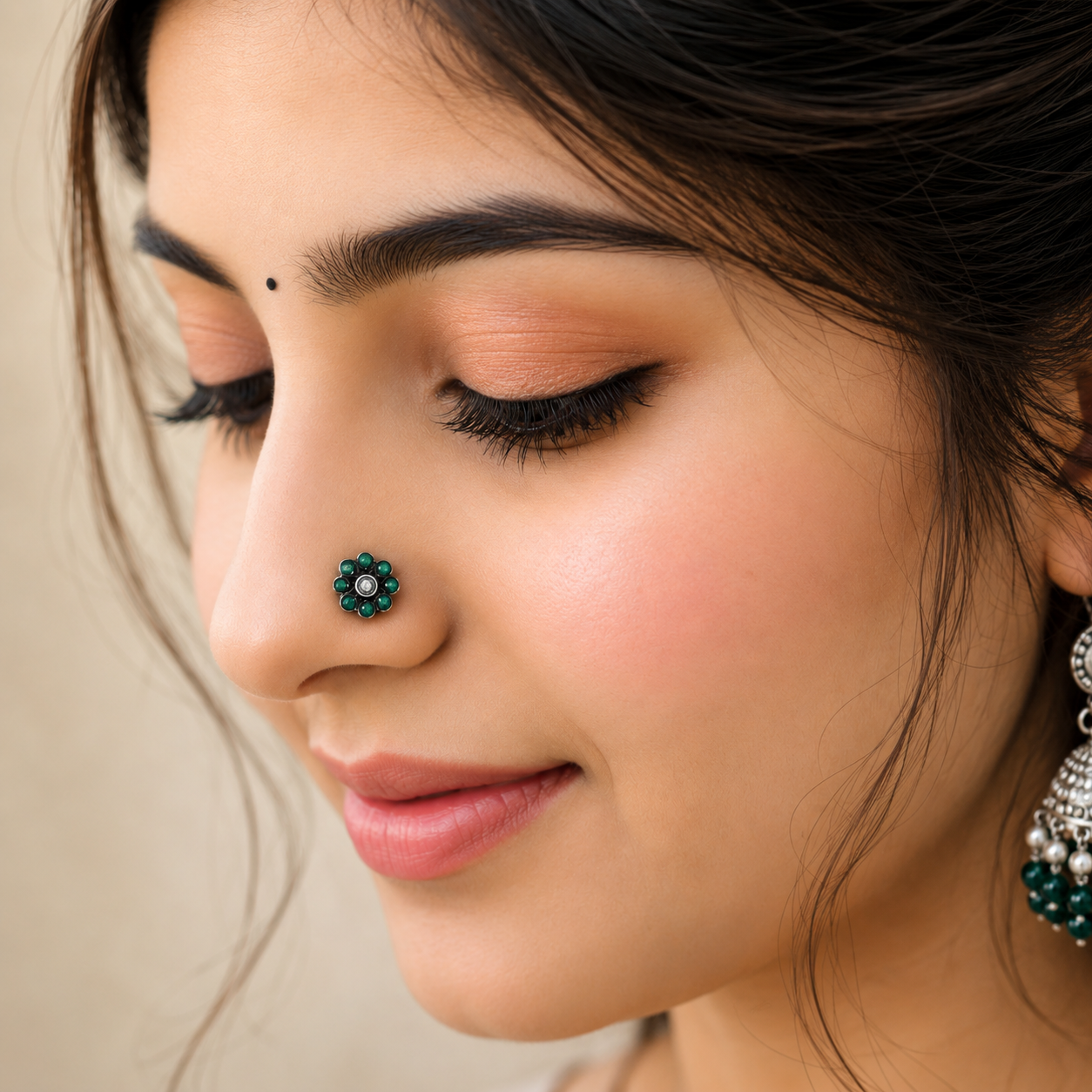 Traditional Navratna Green & White Stone Nose Pin - Sterling Silver