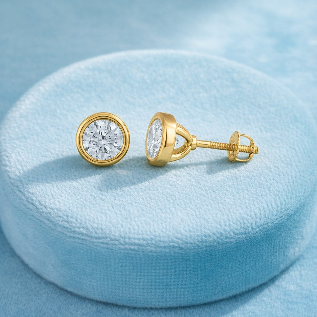 Round White CZ Stud Earrings - 925 Silver Gold Plated