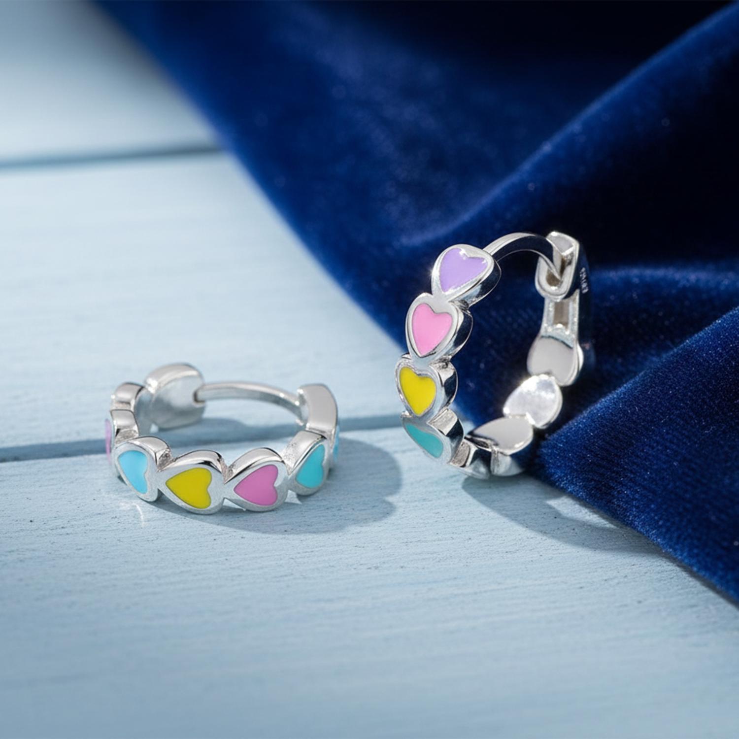 Enamel Rainbow Heart Huggie Earrings - Sterling Silver