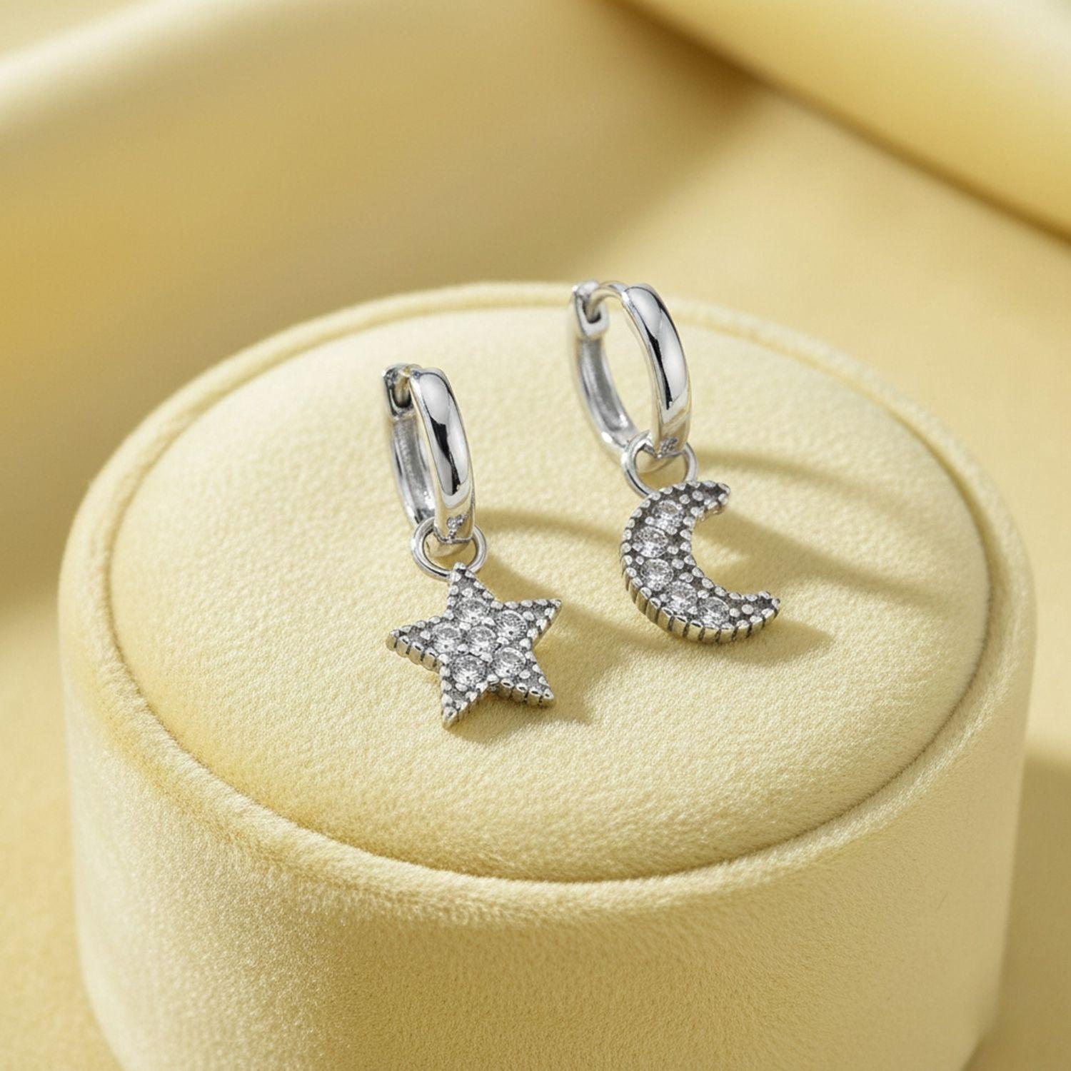Star & Moon Huggie Dangle Kids Earrings- Sterling Silver