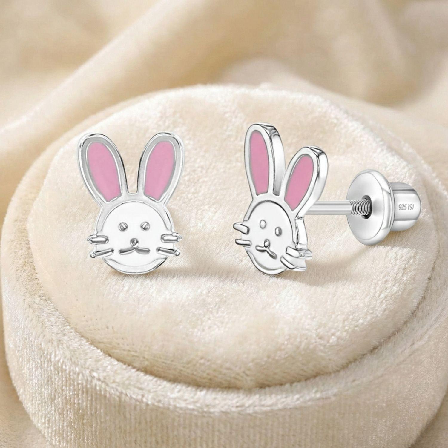 Pink Enamel Bunny Kids Earrings- Sterling Silver