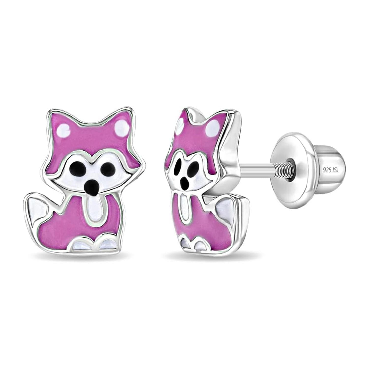 Enamel Fox Kids Earrings - Sterling Silver