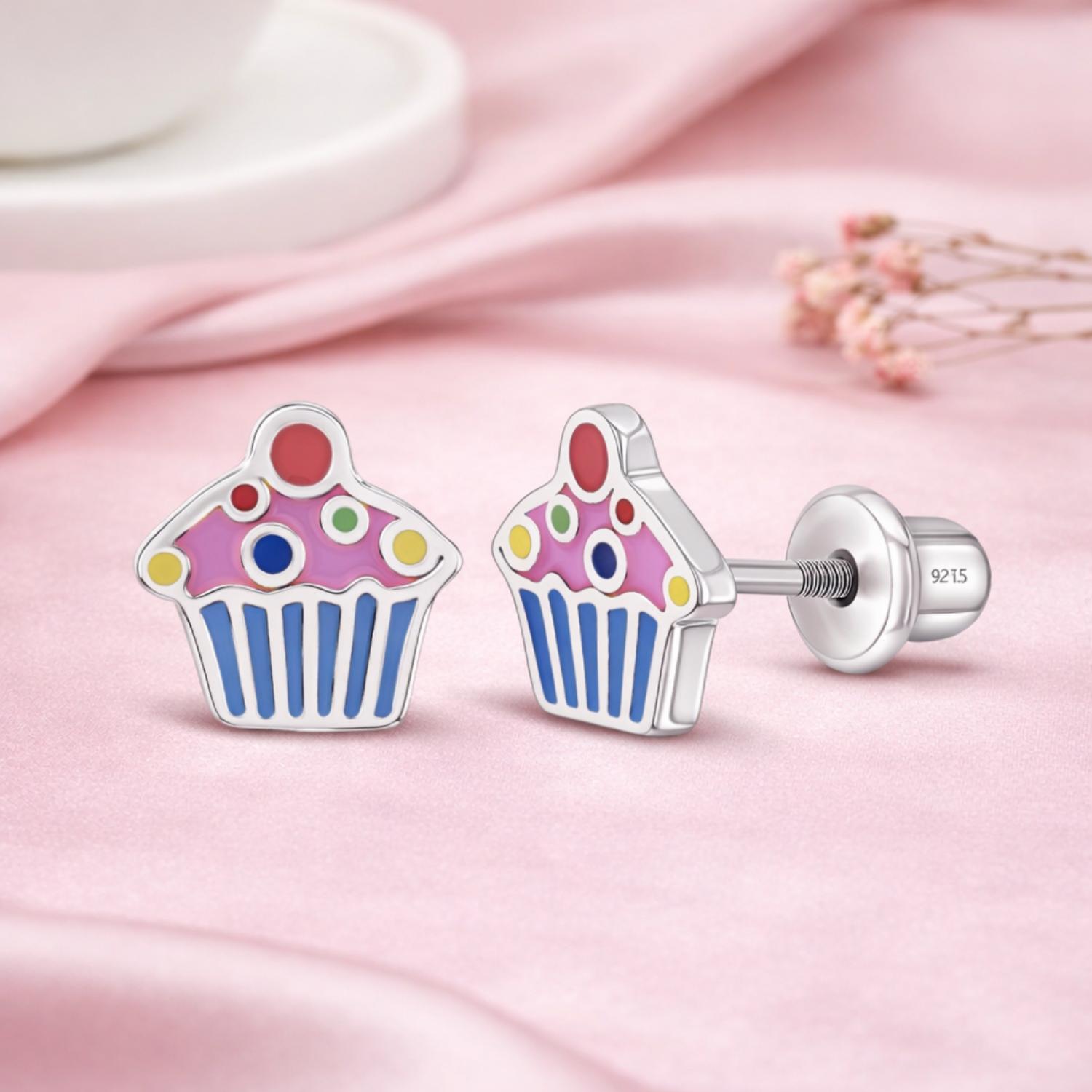 Enamel Cupcake Kids Earrings - Sterling Silver
