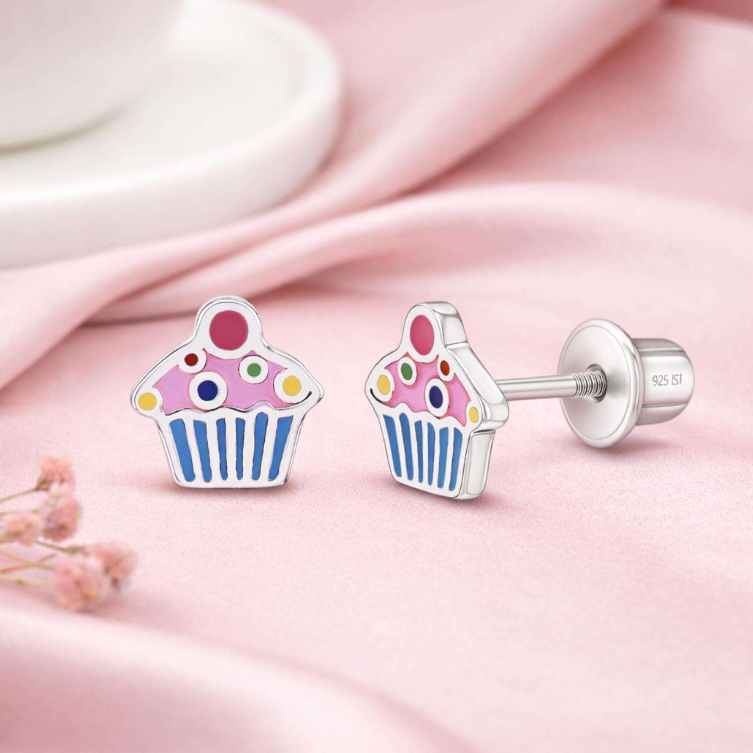 Enamel Cupcake Kids Earrings - Sterling Silver