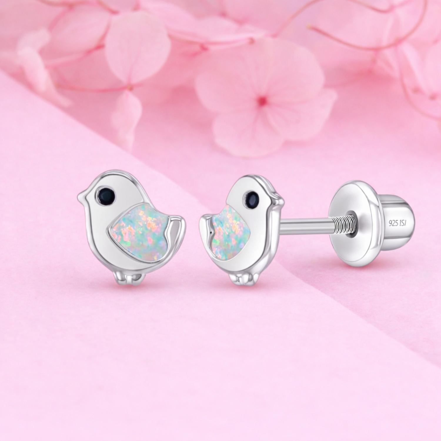 Opal Inlay Bird Kids Earrings - Sterling Silver