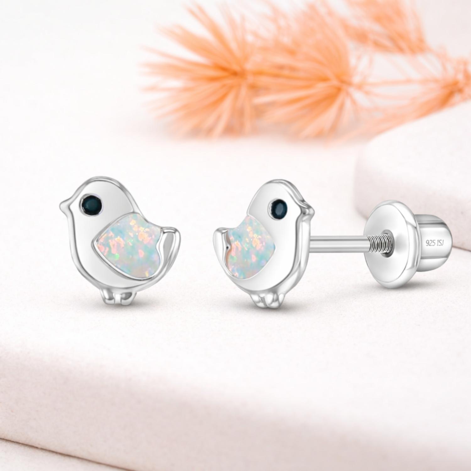 Opal Inlay Bird Kids Earrings - Sterling Silver