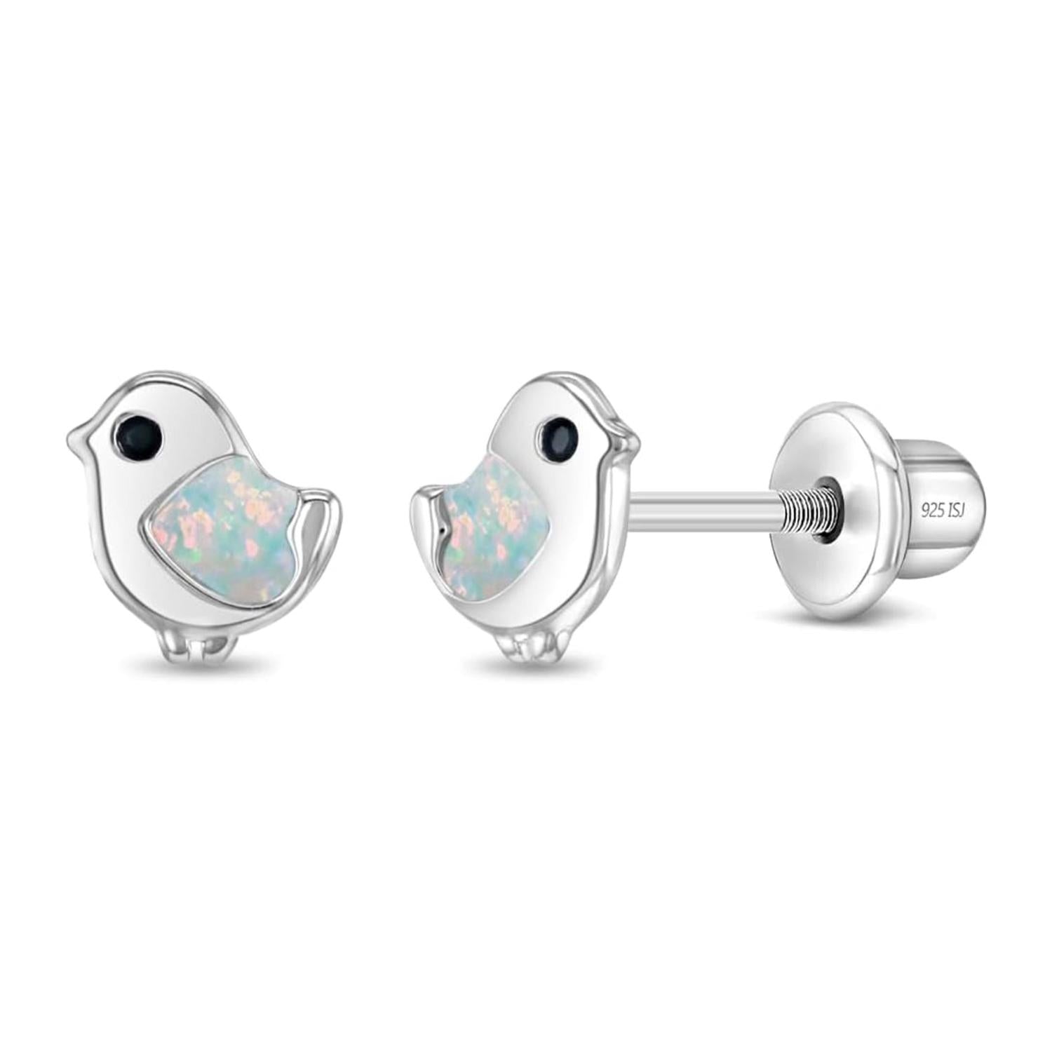 Opal Inlay Bird Kids Earrings - Sterling Silver