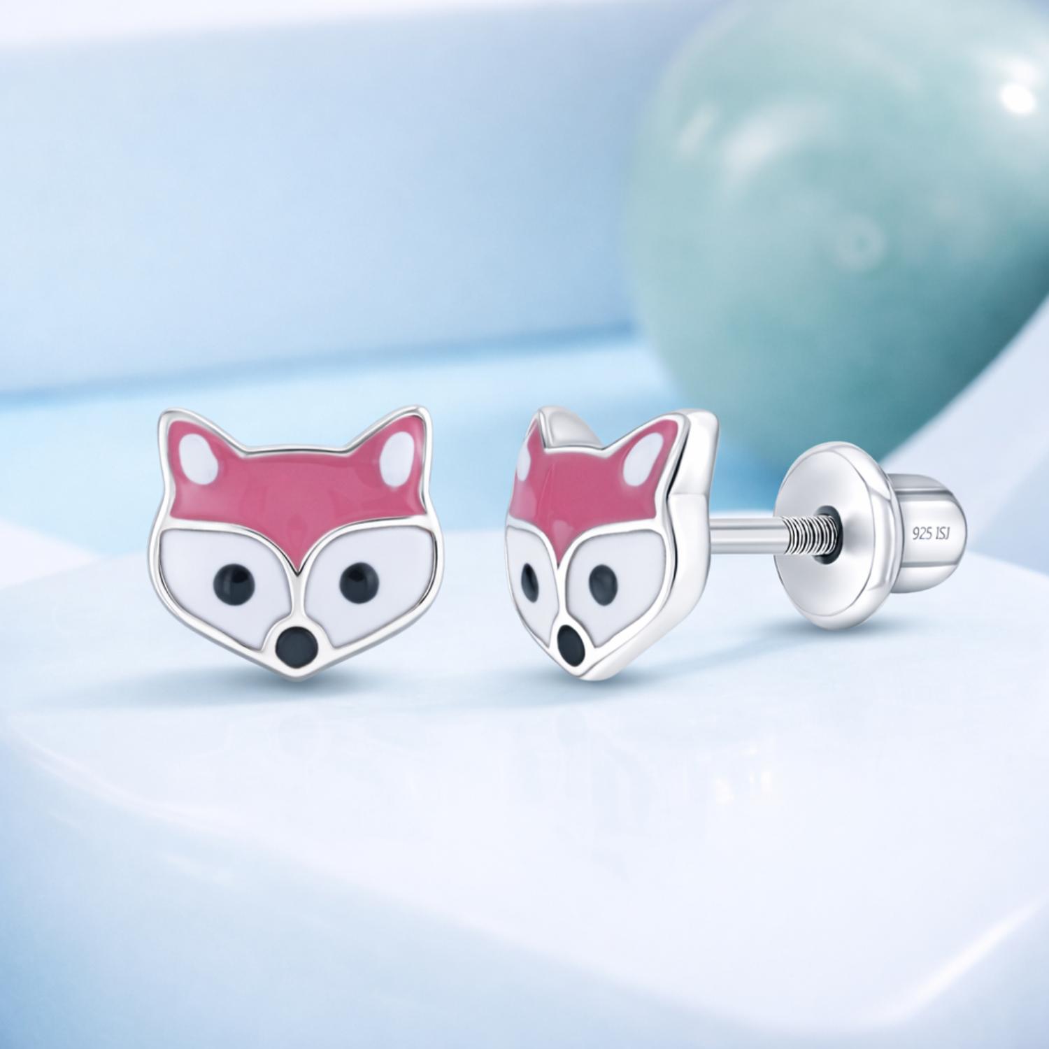 Enamel Pink Fox Kids Earrings - Sterling Silver