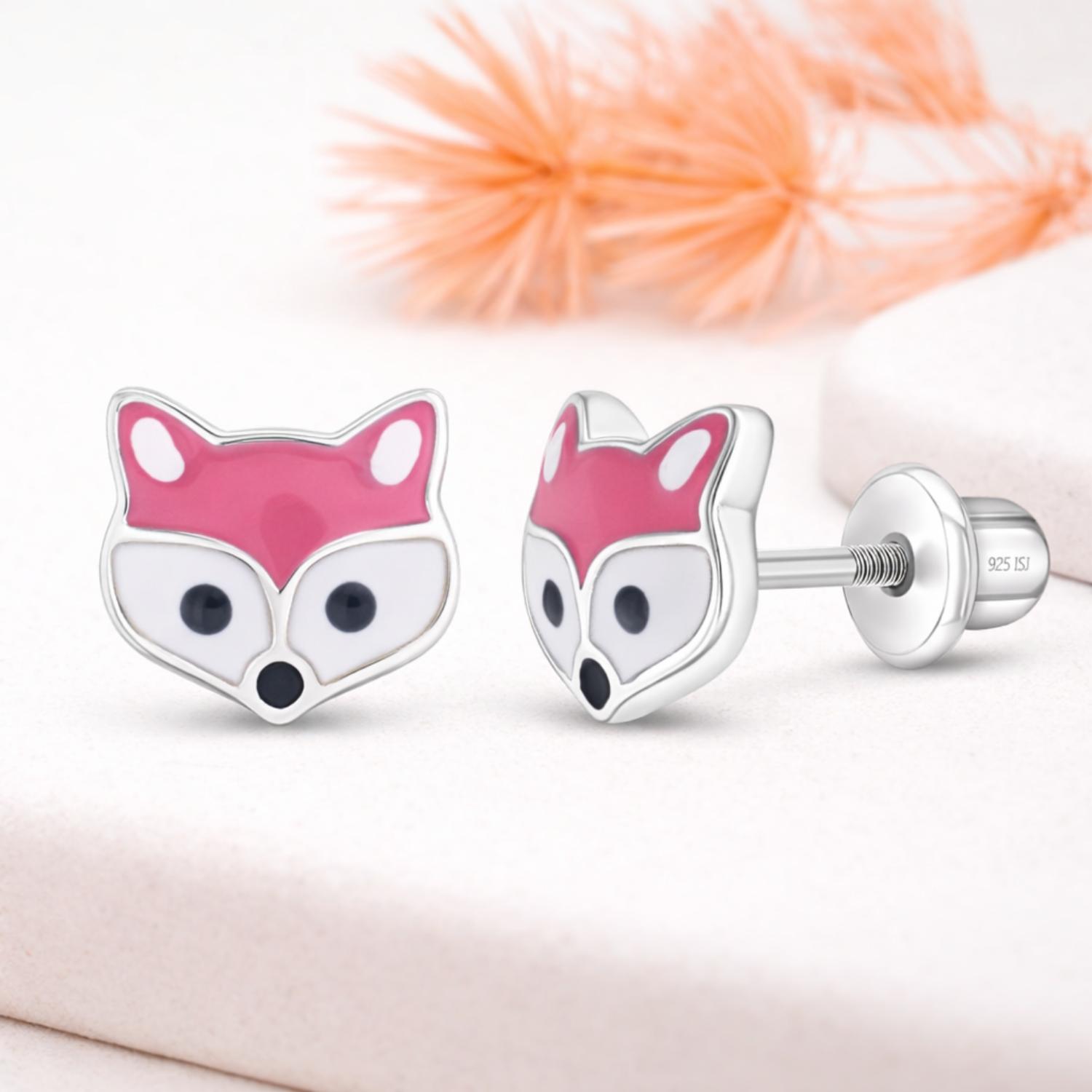 Enamel Pink Fox Kids Earrings - Sterling Silver