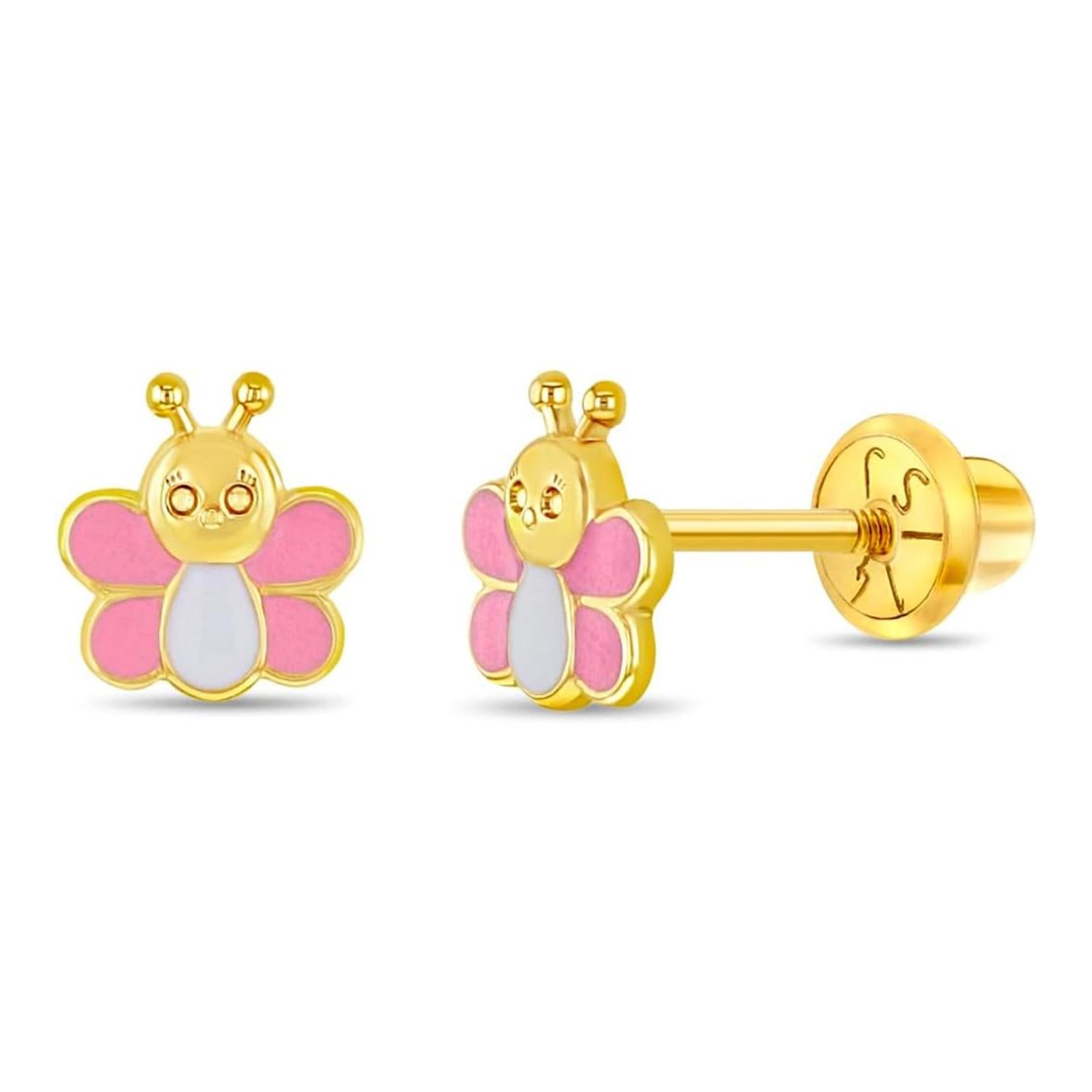 Pink Enamel Butterfly Kids Earrings - Sterling Silver