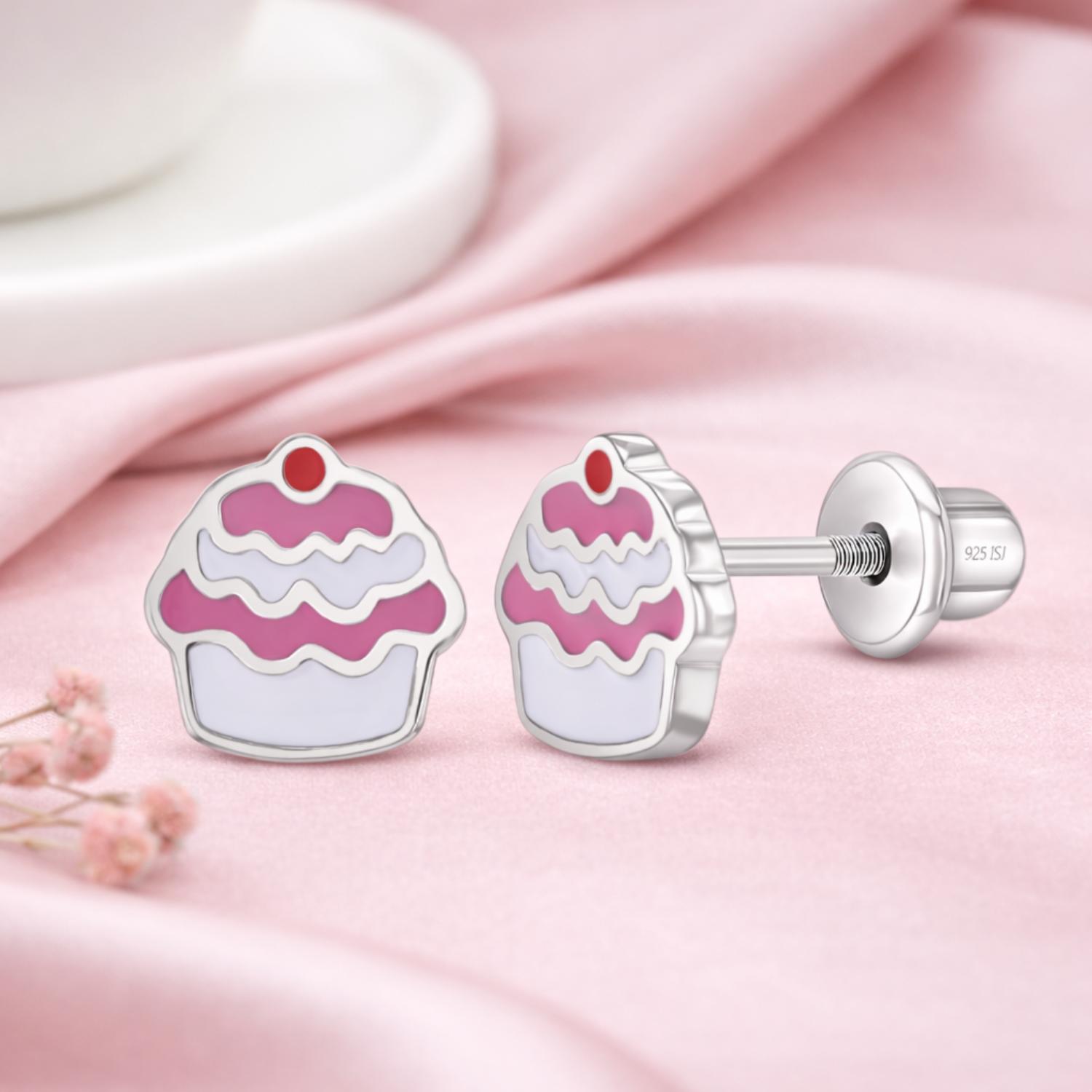 Pink & White Enamel Cupcake Kids Earrings - Sterling Silver