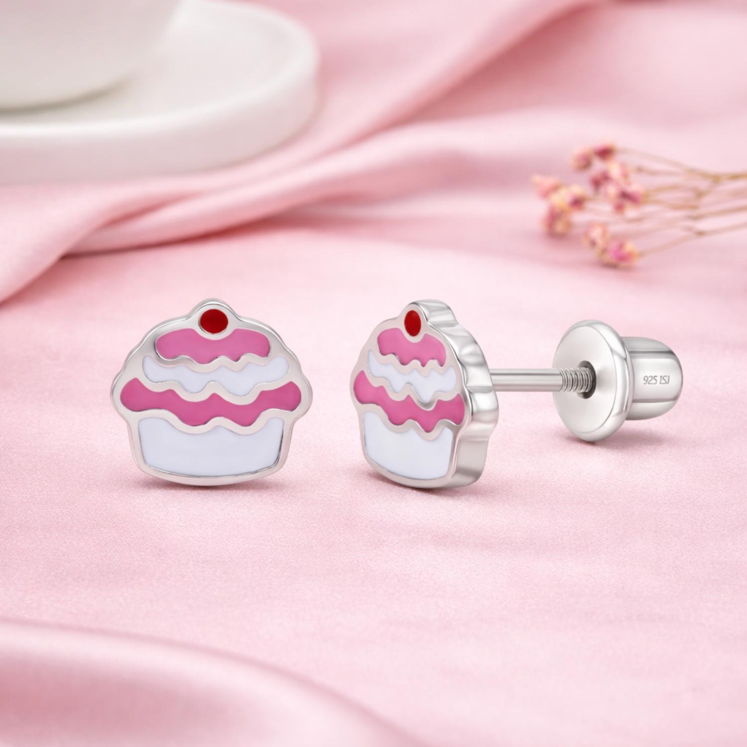 Pink & White Enamel Cupcake Kids Earrings - Sterling Silver