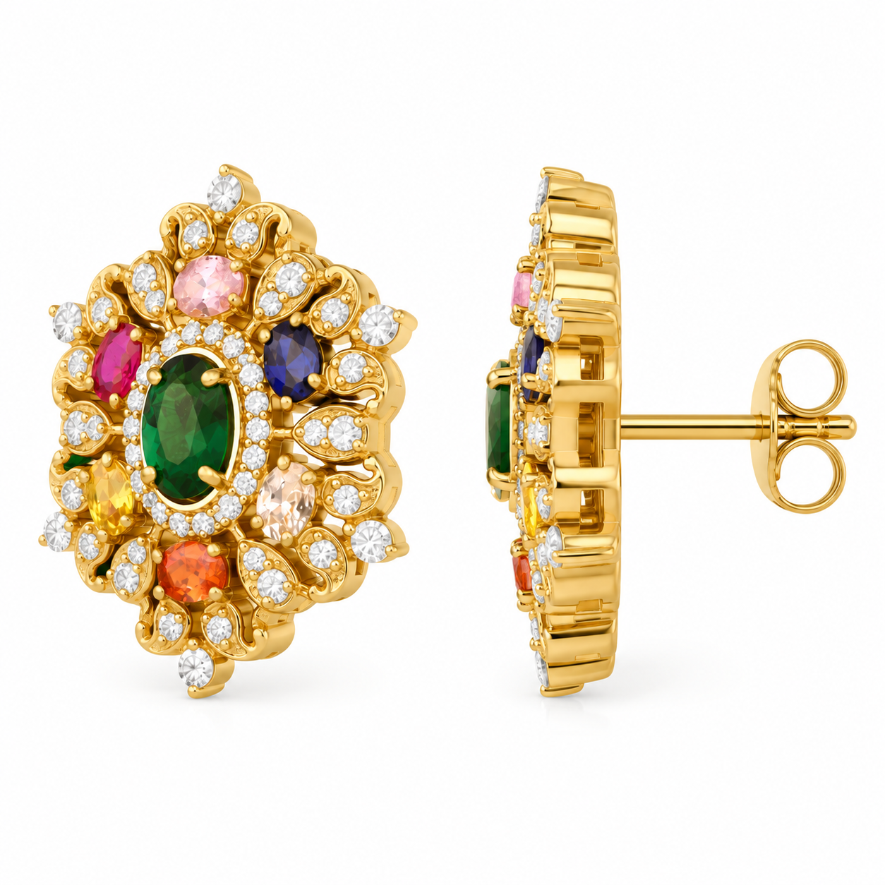 925 Sterling Silver Multi Gemstone Royal Earrings - 925 Sterling Silver