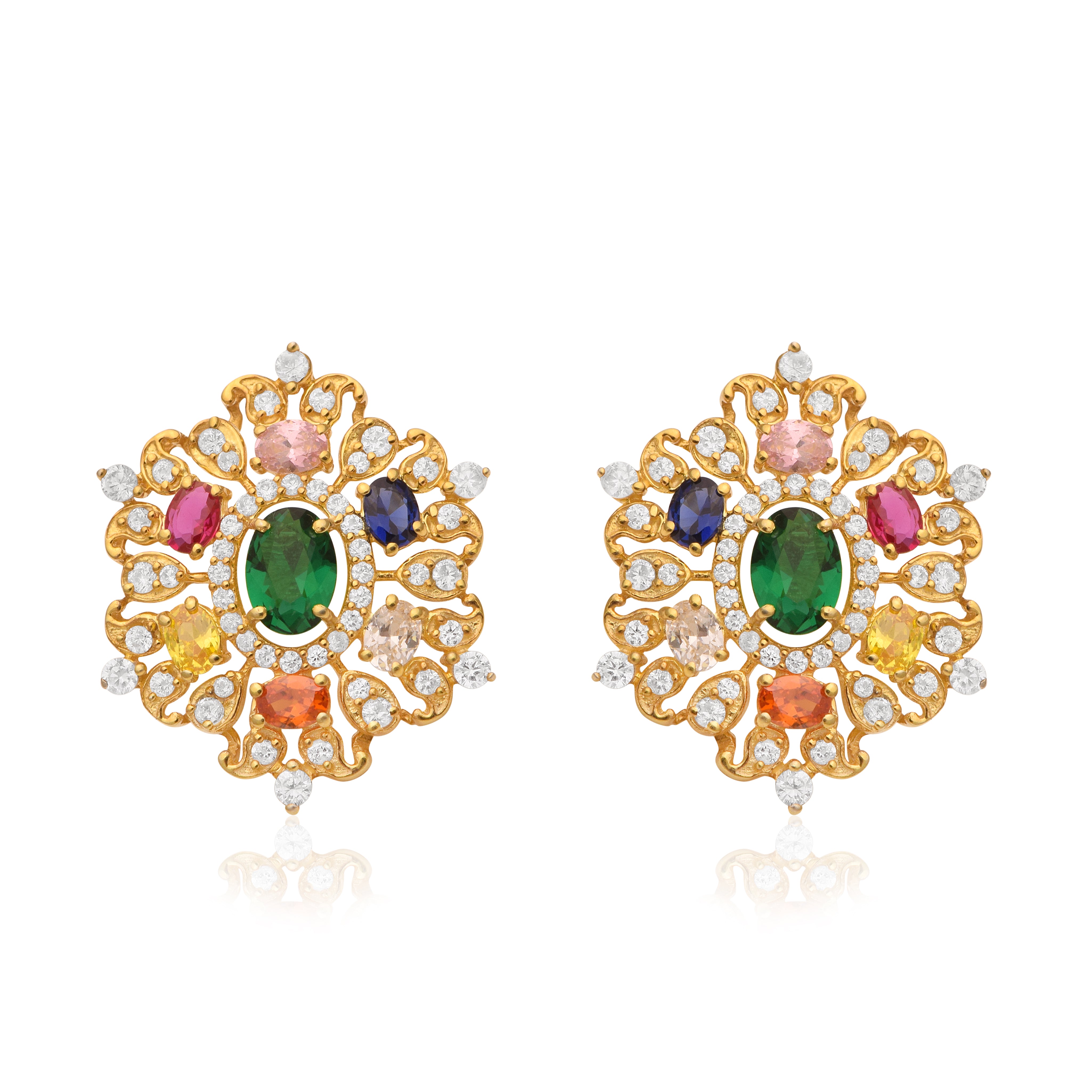 925 Sterling Silver Multi Gemstone Royal Earrings - 925 Sterling Silver