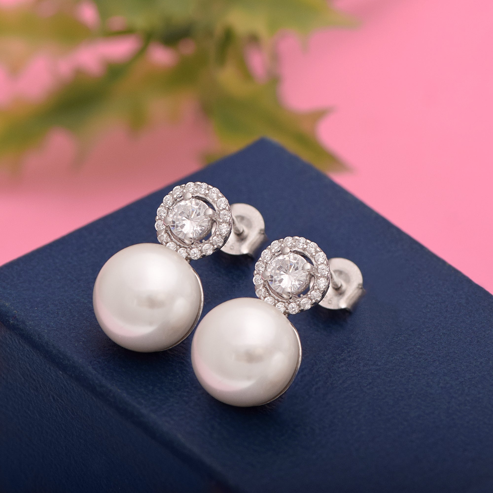 Pearl & Halo Accents Dangle Earrings – Sterling Silver