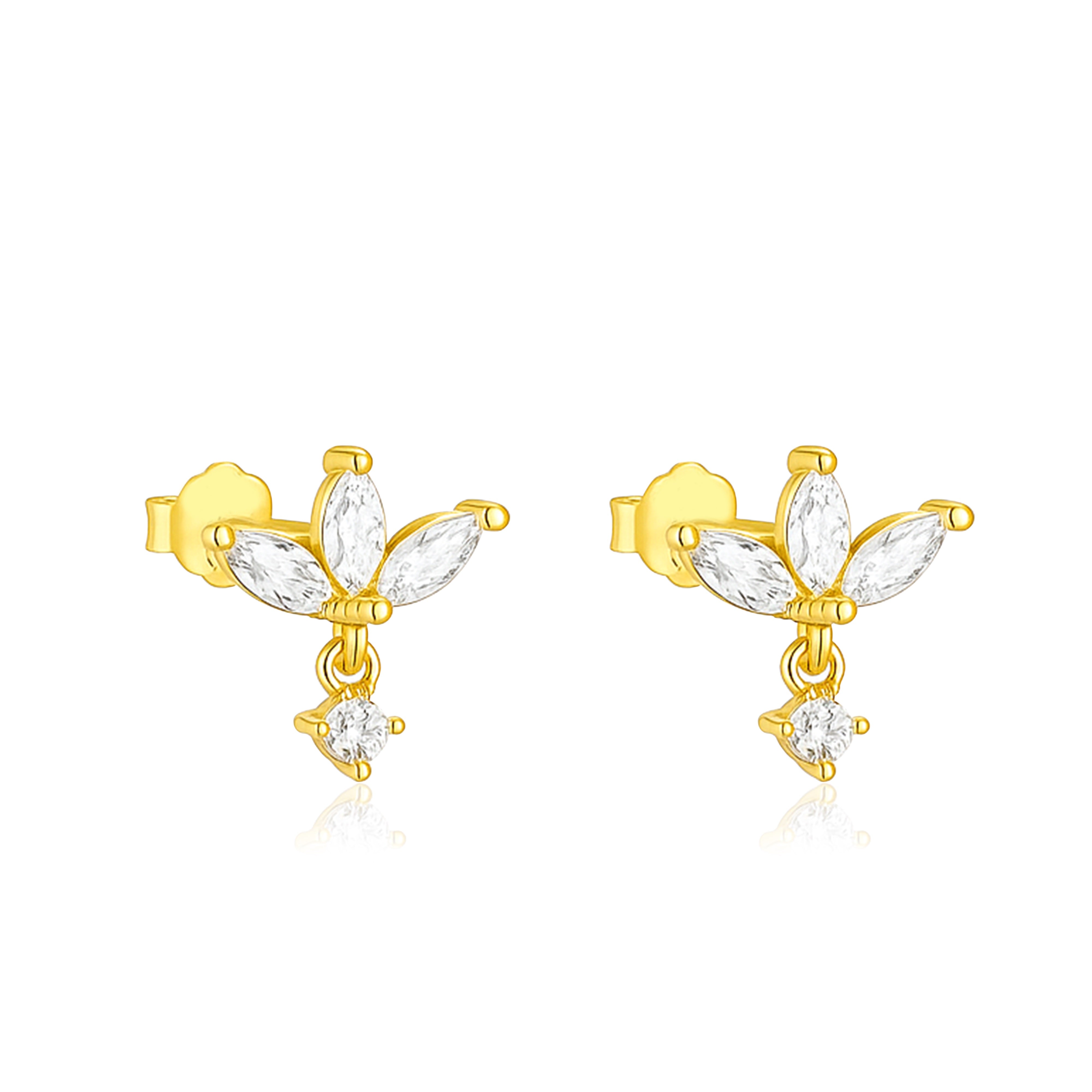 Marquise Cluster Floral Stud Earrings - Sterling Silver Yellow Plated
