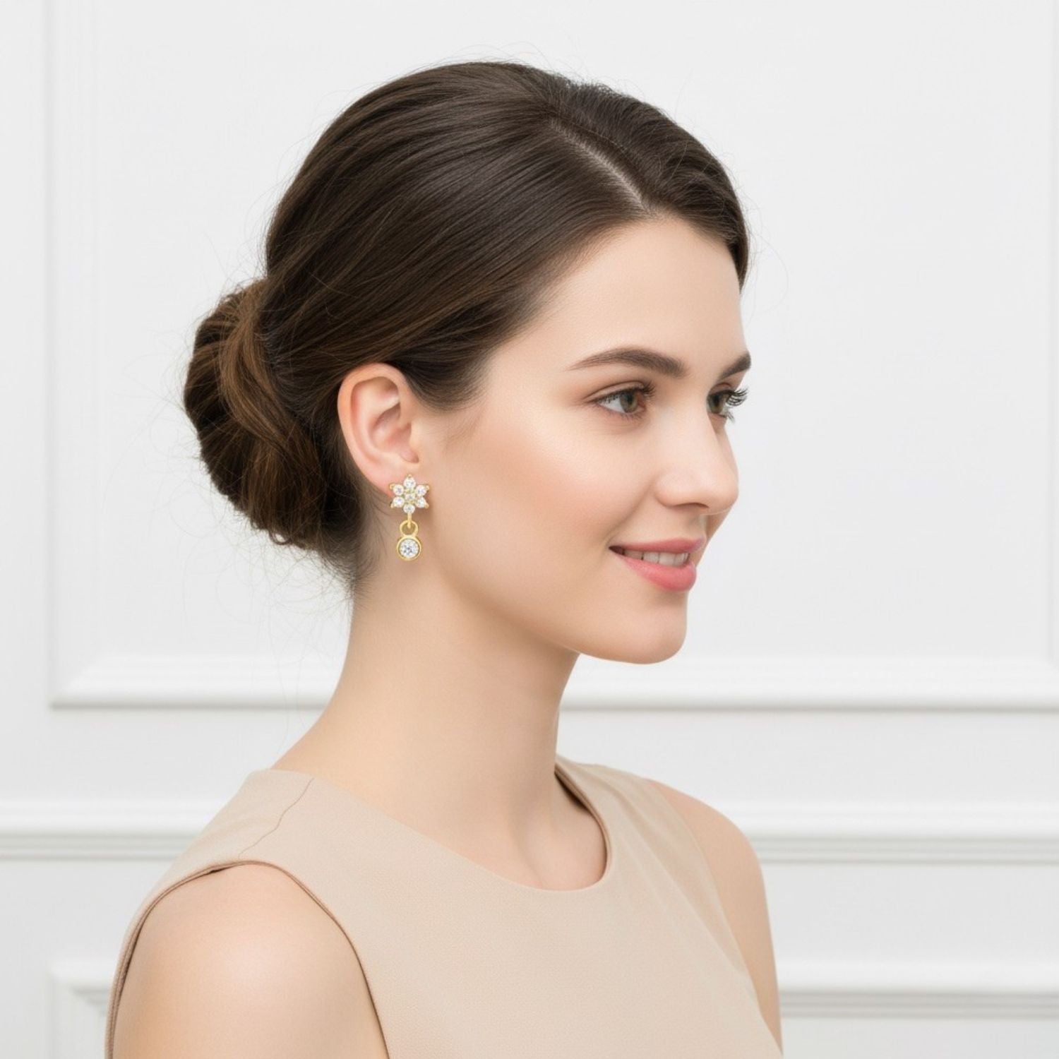 Floral Sparkling Bloom Drop Stud Earrings - Sterling Silver Yellow Plated