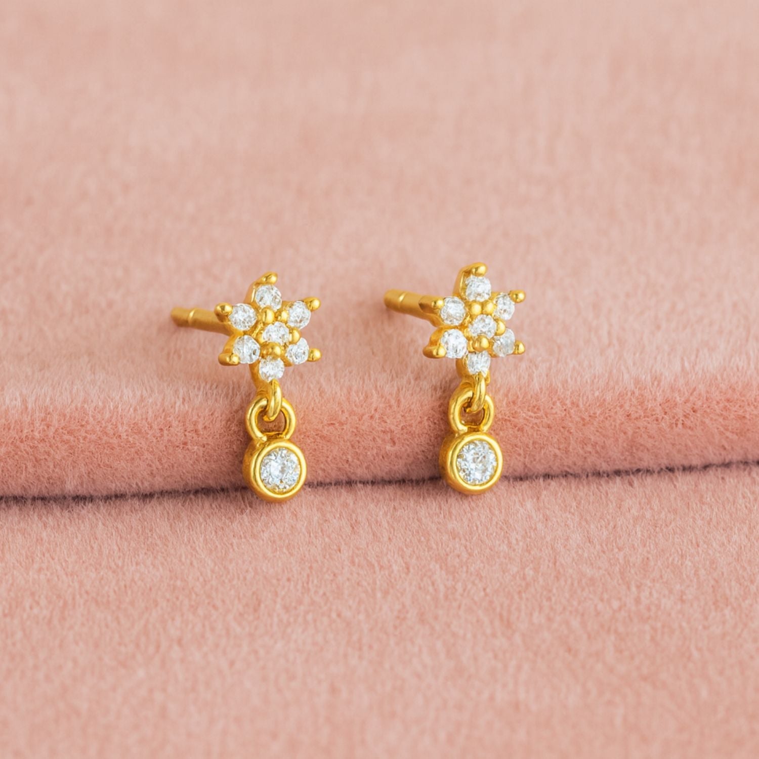 Floral Sparkling Bloom Drop Stud Earrings - Sterling Silver Yellow Plated