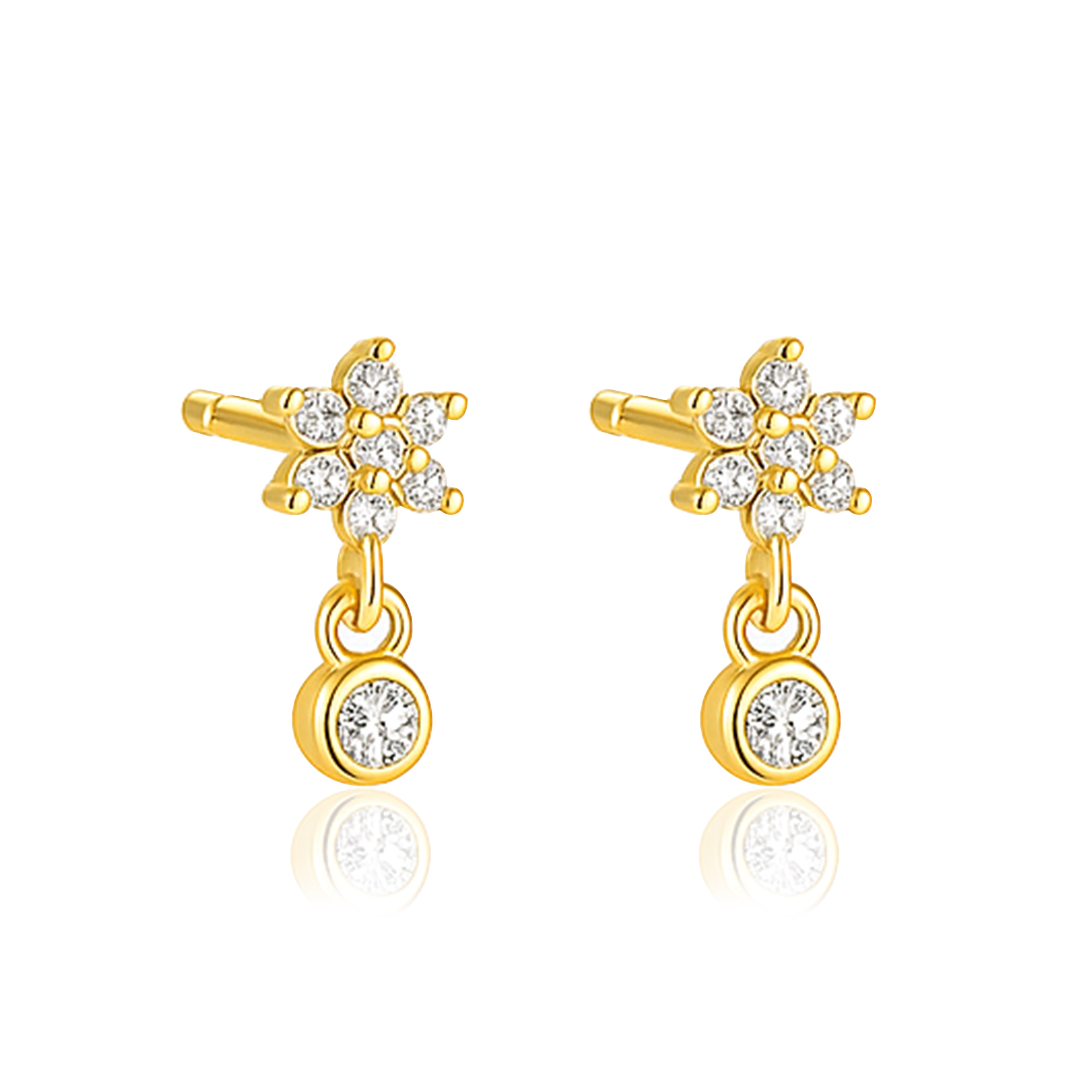 Floral Sparkling Bloom Drop Stud Earrings - Sterling Silver Yellow Plated