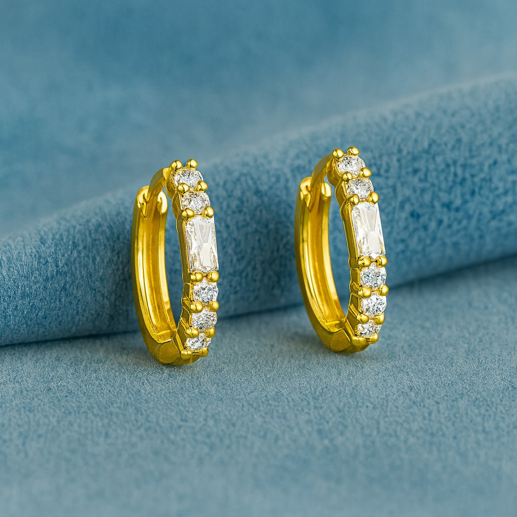 Baguette and Round Stone Huggie Hoop Earrings - Sterling Silver Yellow Plated