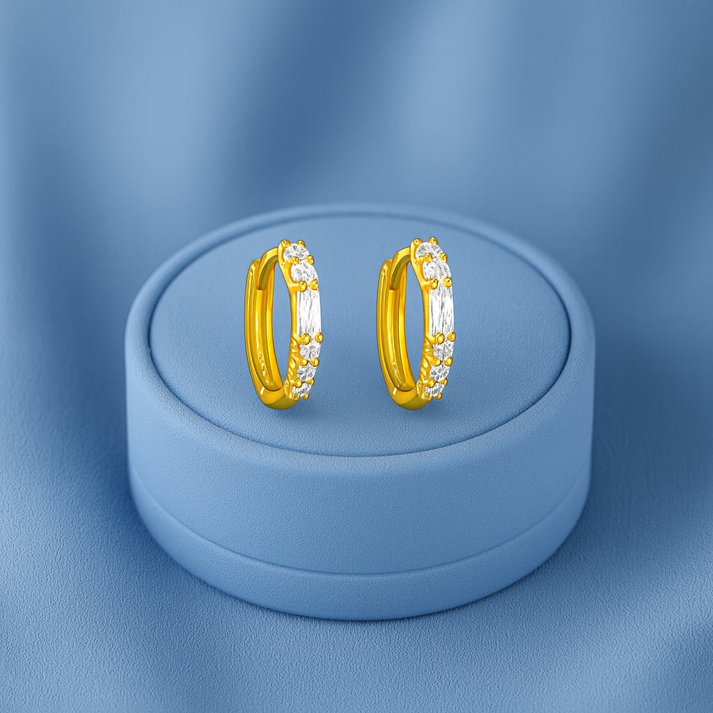 Baguette and Round Stone Huggie Hoop Earrings - Sterling Silver Yellow Plated