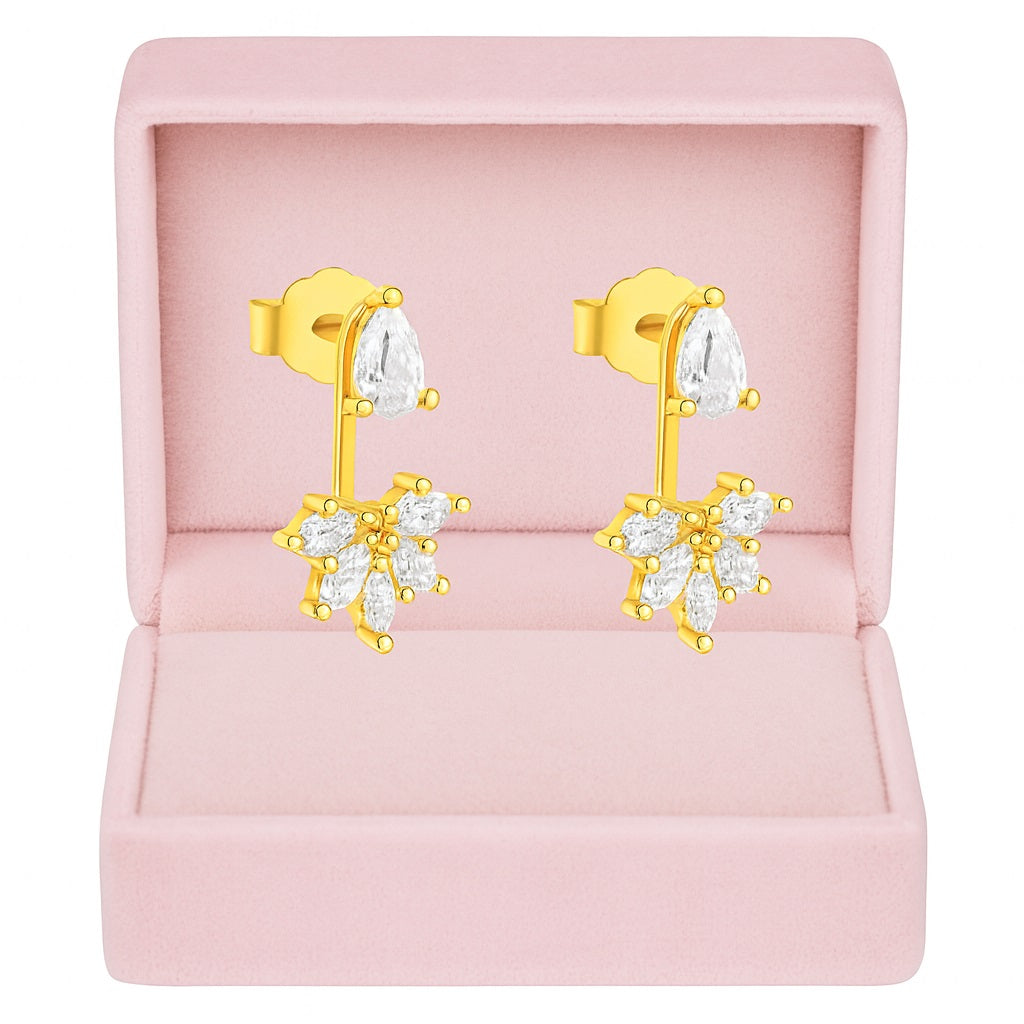 Pear and Marquise Floral Drop Earrings - Sterling Silver Yellow Plated