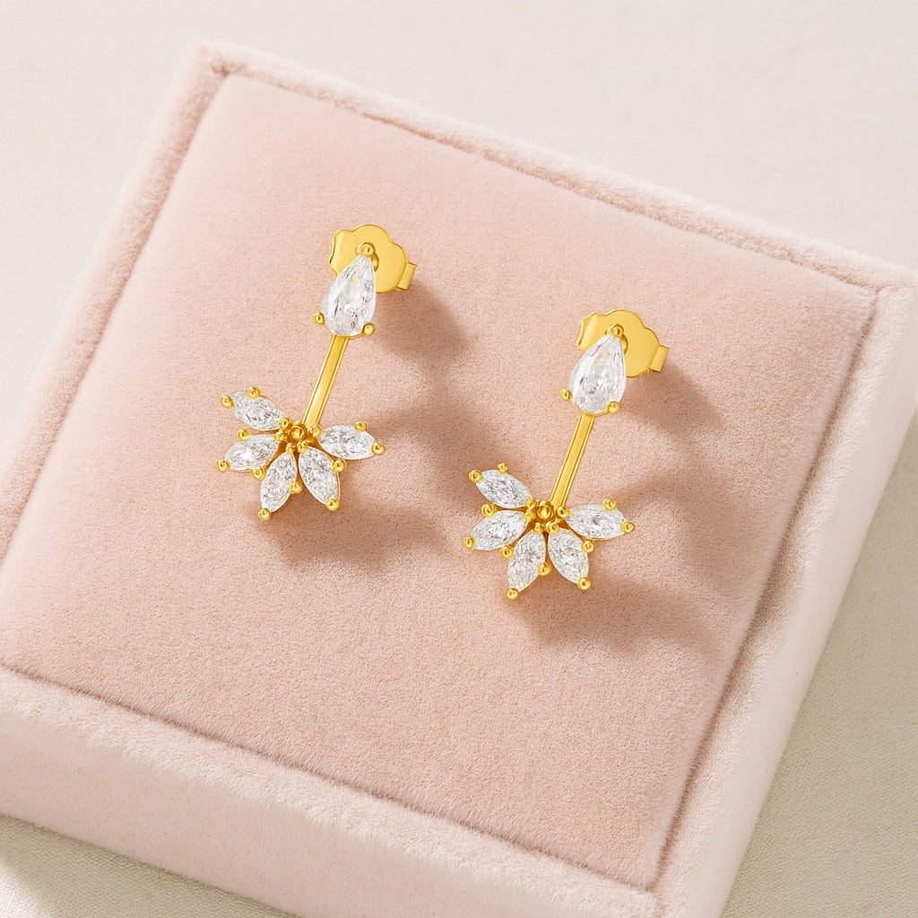 Pear and Marquise Floral Drop Earrings - Sterling Silver Yellow Plated
