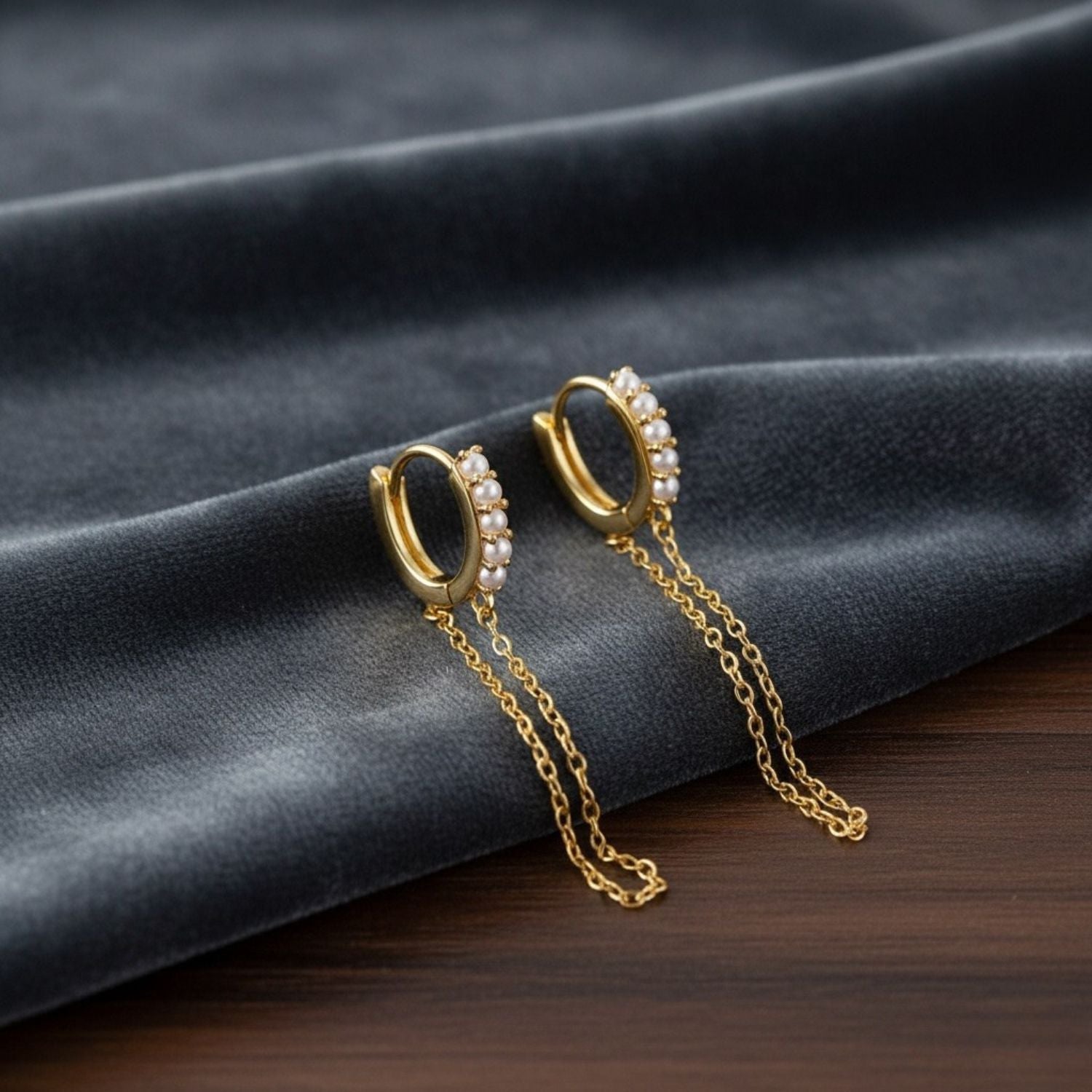 Dual Dangle Pearl Chain Huggie Hoop Earrings - Sterling Silver Yellow Plated