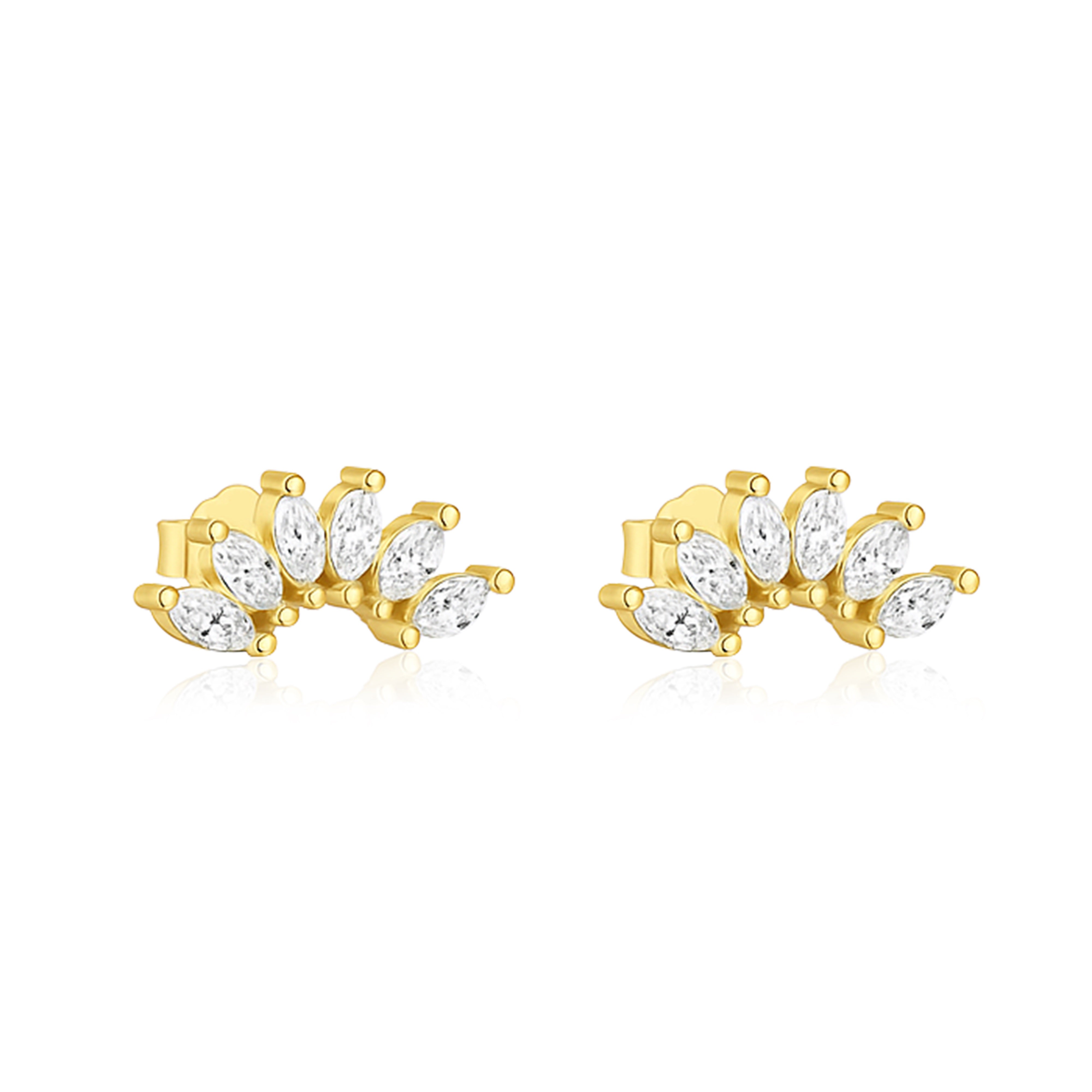 Marquise Fan Cluster Stud Earrings - Sterling Silver Yellow Plated