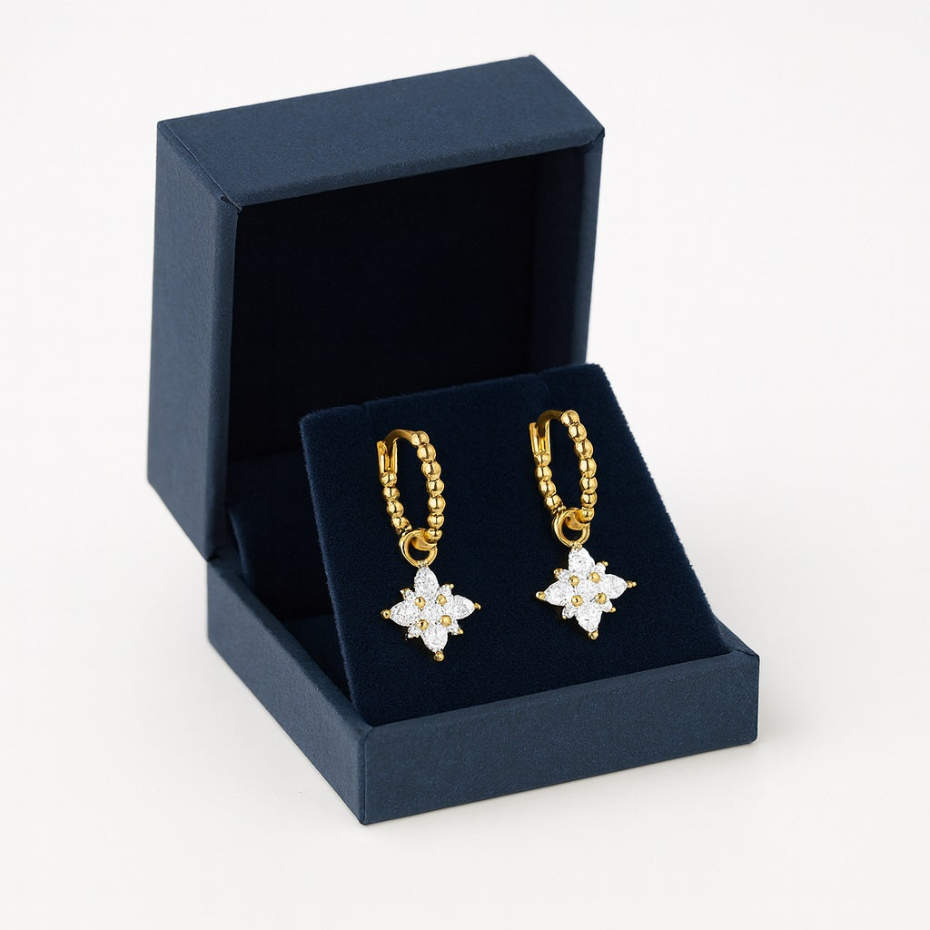 Beaded Star Drop Hoop Earrings – Sterling Silver Gold Plated