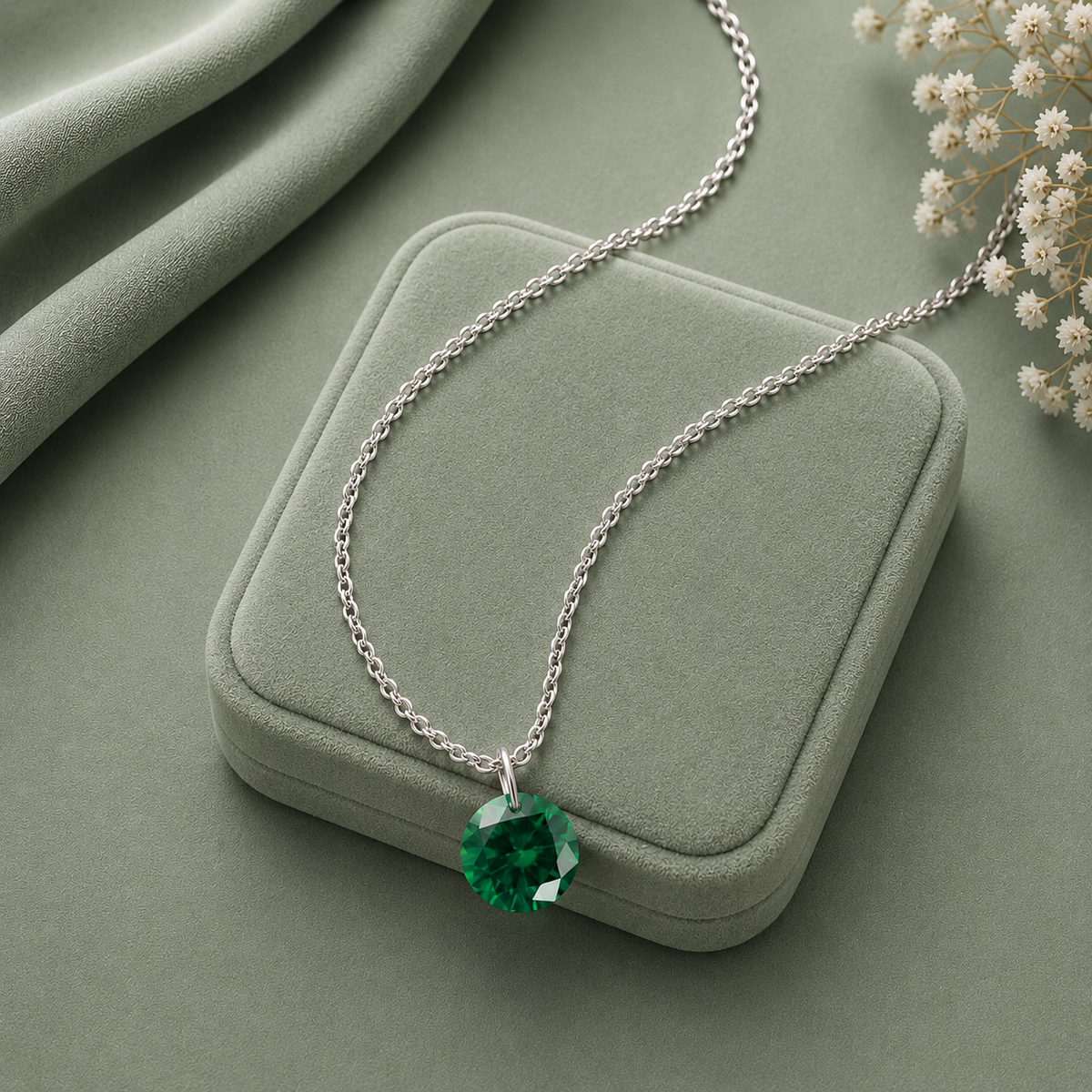 Round Emerald Solitaire Necklace - 925 sterling Silver