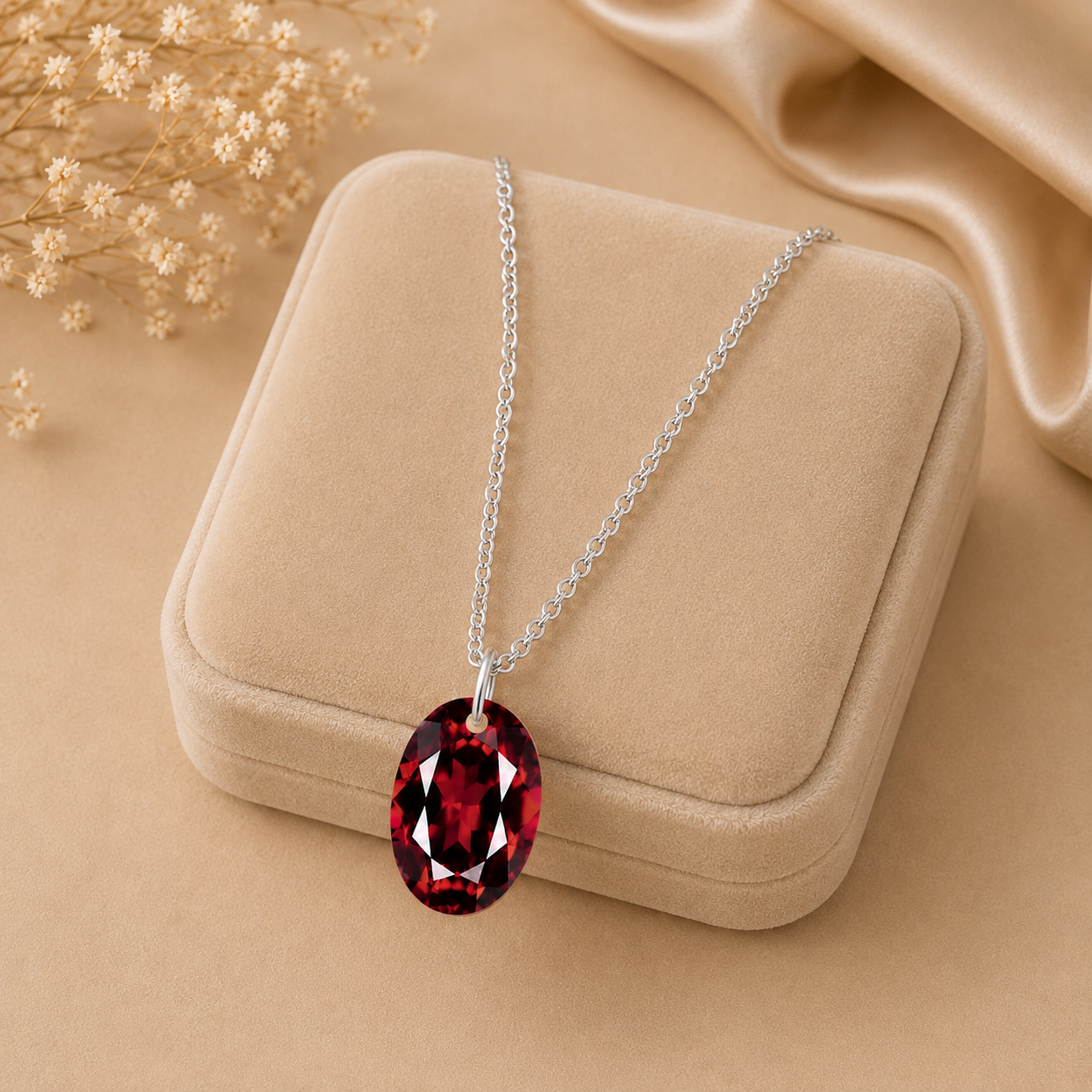 Oval Garnet Solitaire Necklace - 925 sterling Silver
