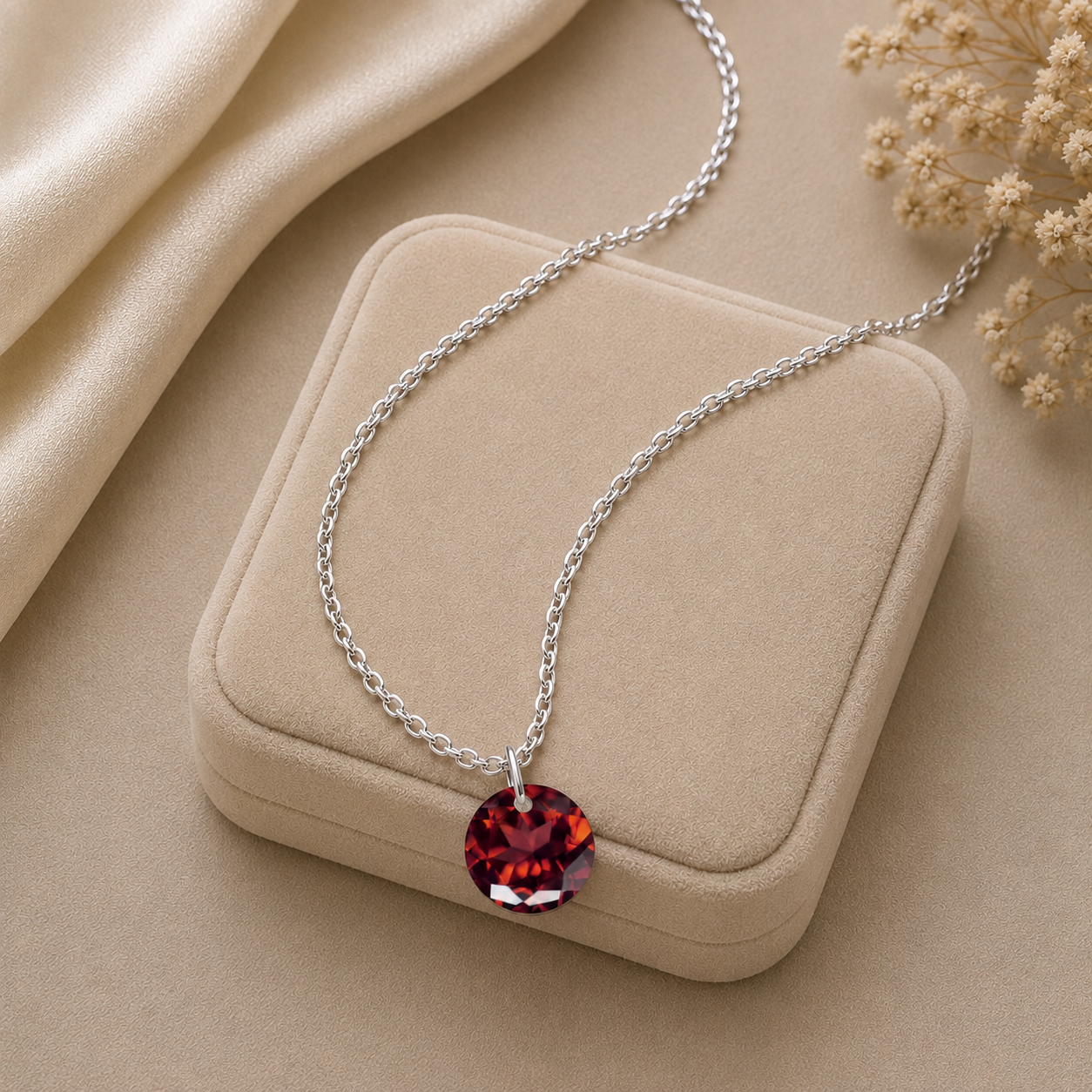 Round Garnet Solitaire Necklace - 925 sterling Silver