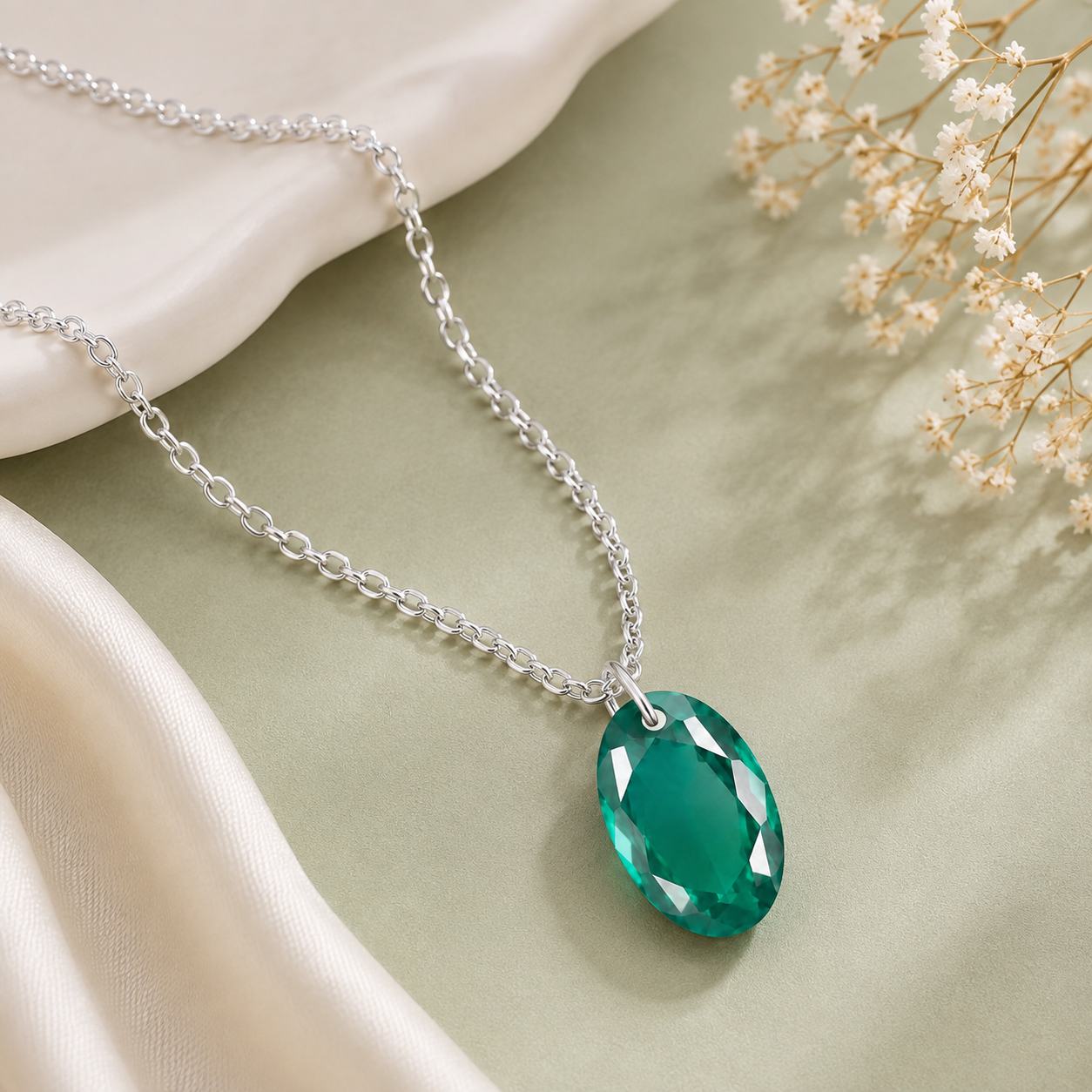 Oval Green Onyx Solitaire Necklace - 925 sterling Silver