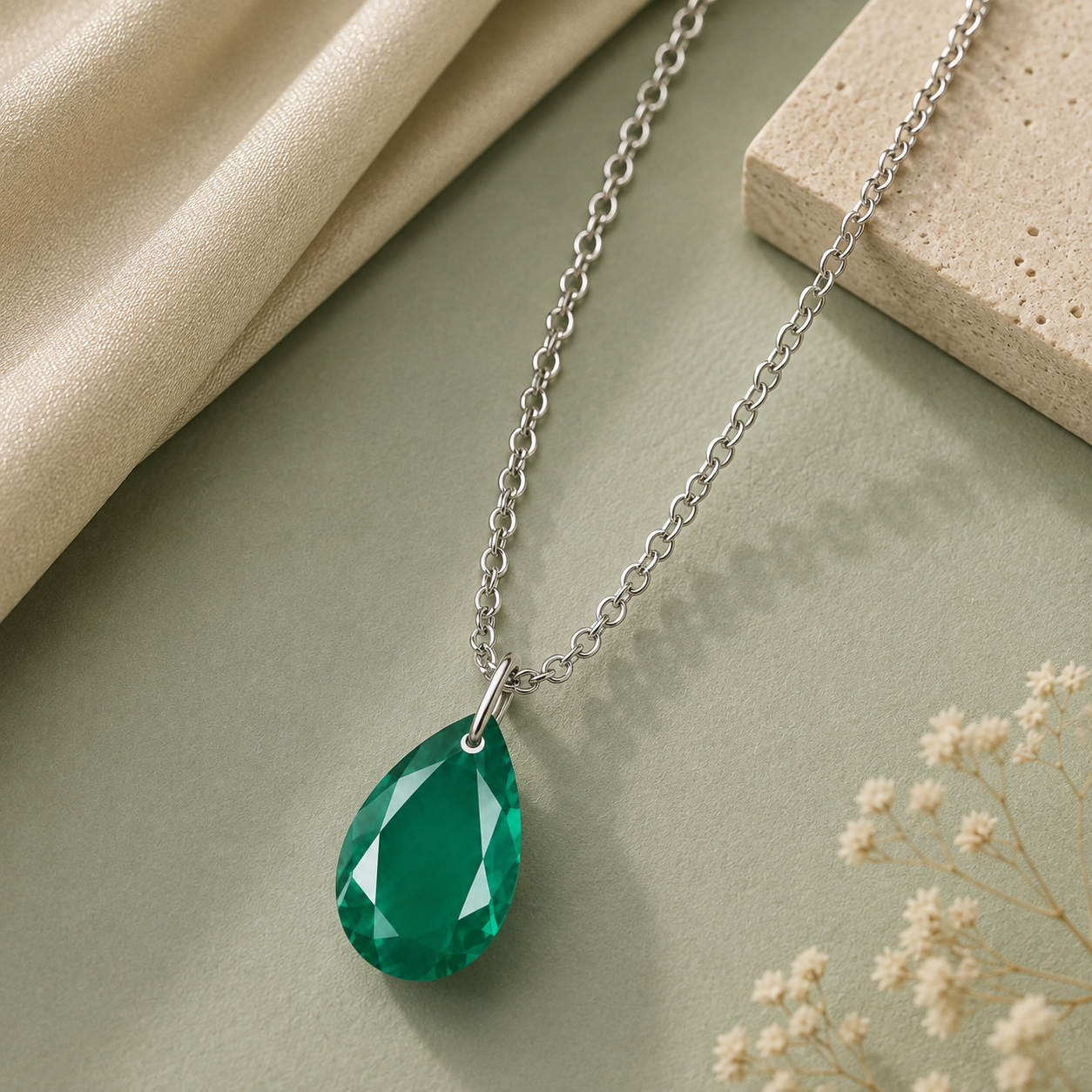Pear Green Onyx Solitaire Necklace - 925 sterling Silver