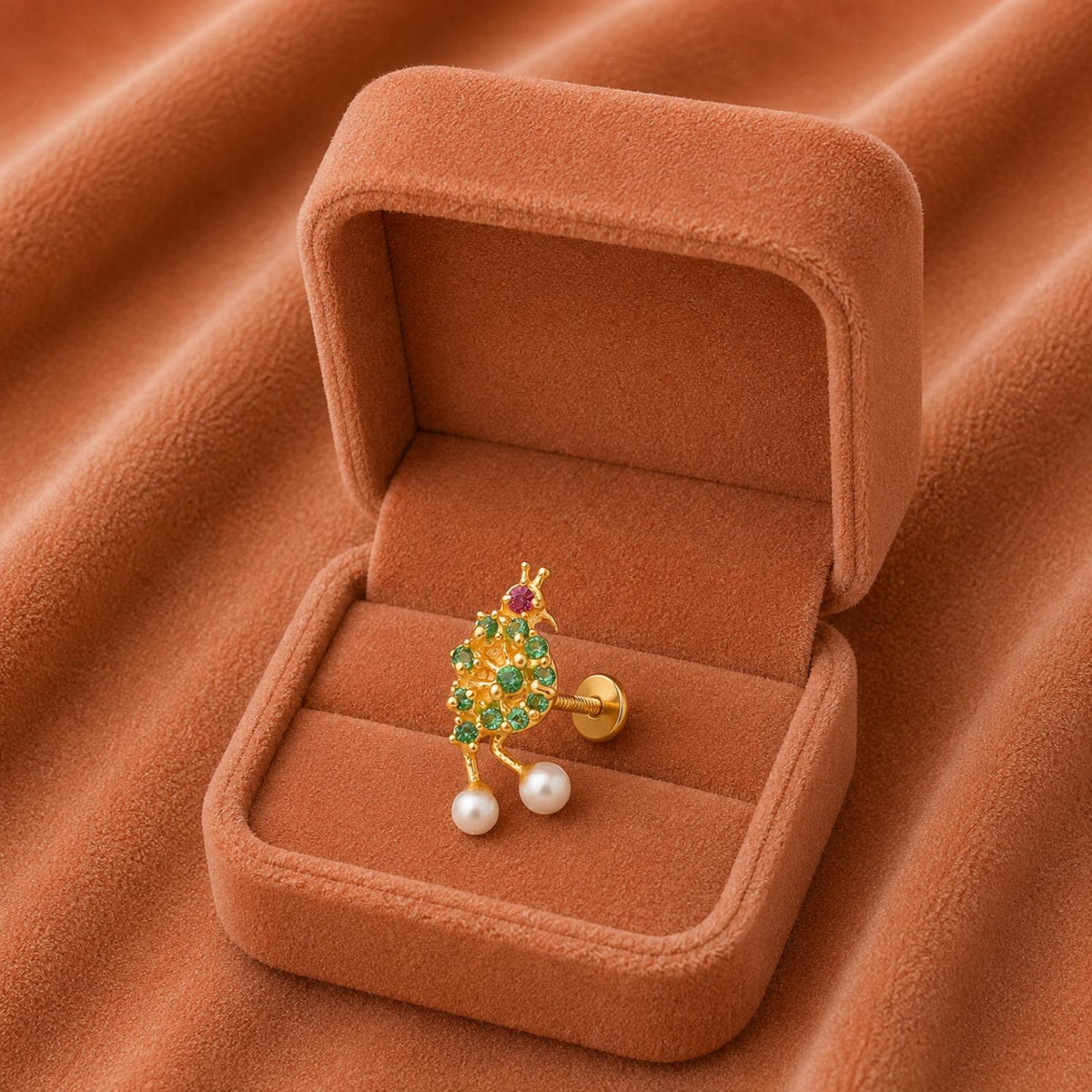 Green CZ & Pearl Peacock Nose Pin – Sterling Silver Gold Plated