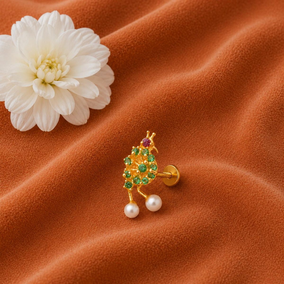 Green CZ & Pearl Peacock Nose Pin – Sterling Silver Gold Plated