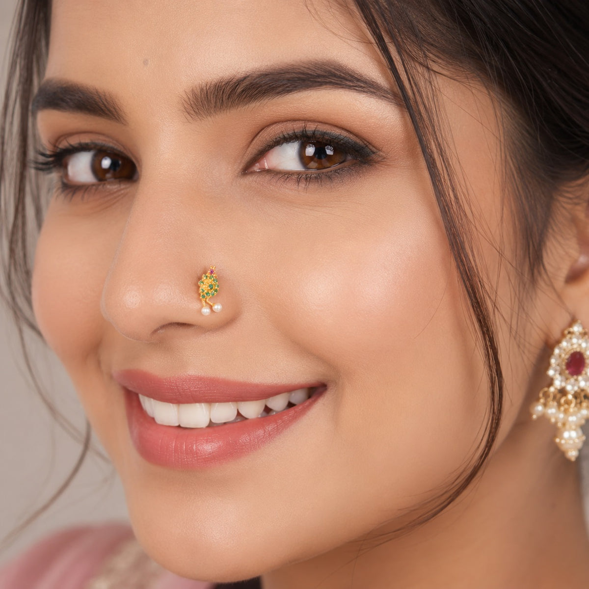 Green CZ & Pearl Peacock Nose Pin – Sterling Silver Gold Plated