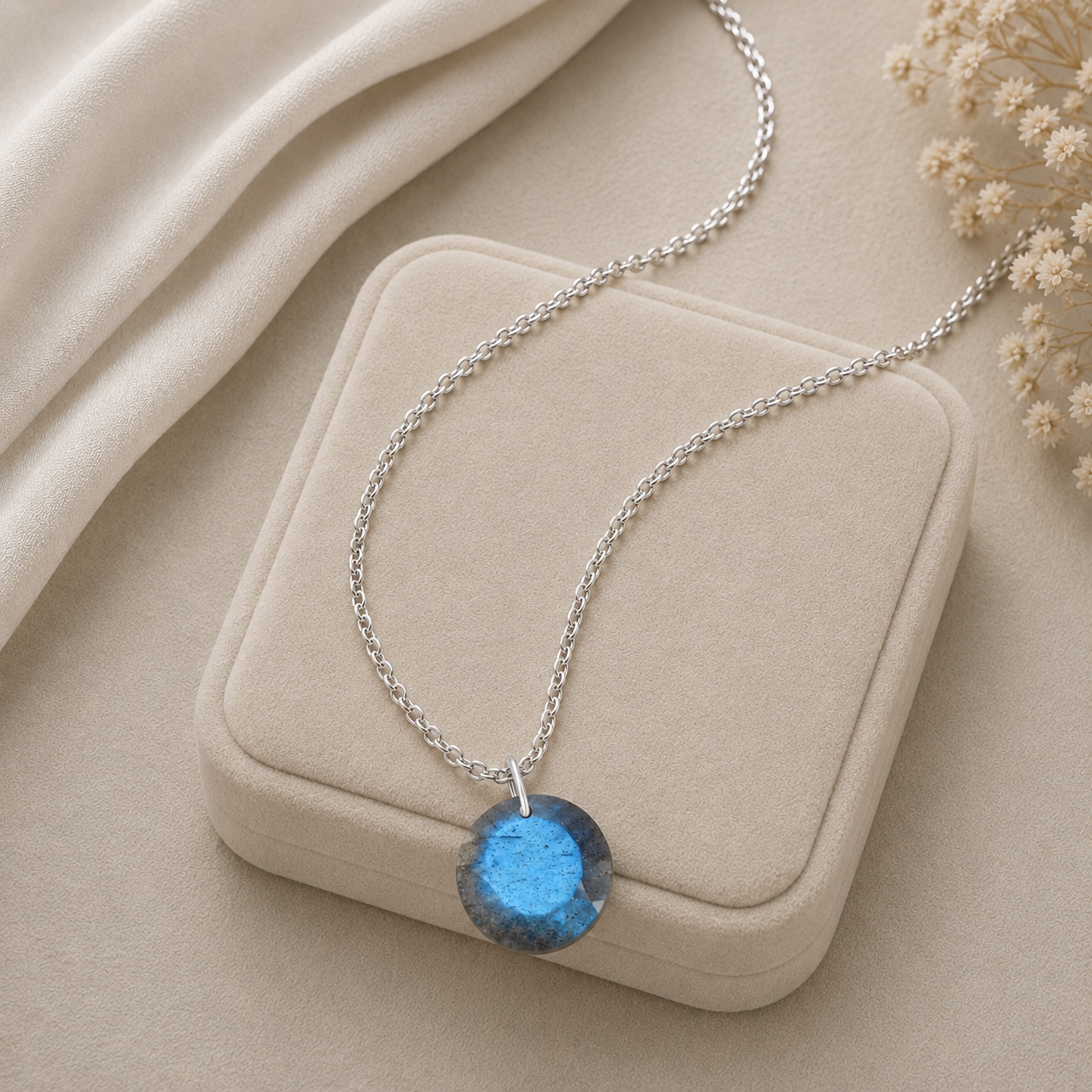 Round Labradorite Solitaire Necklace - 925 sterling Silver