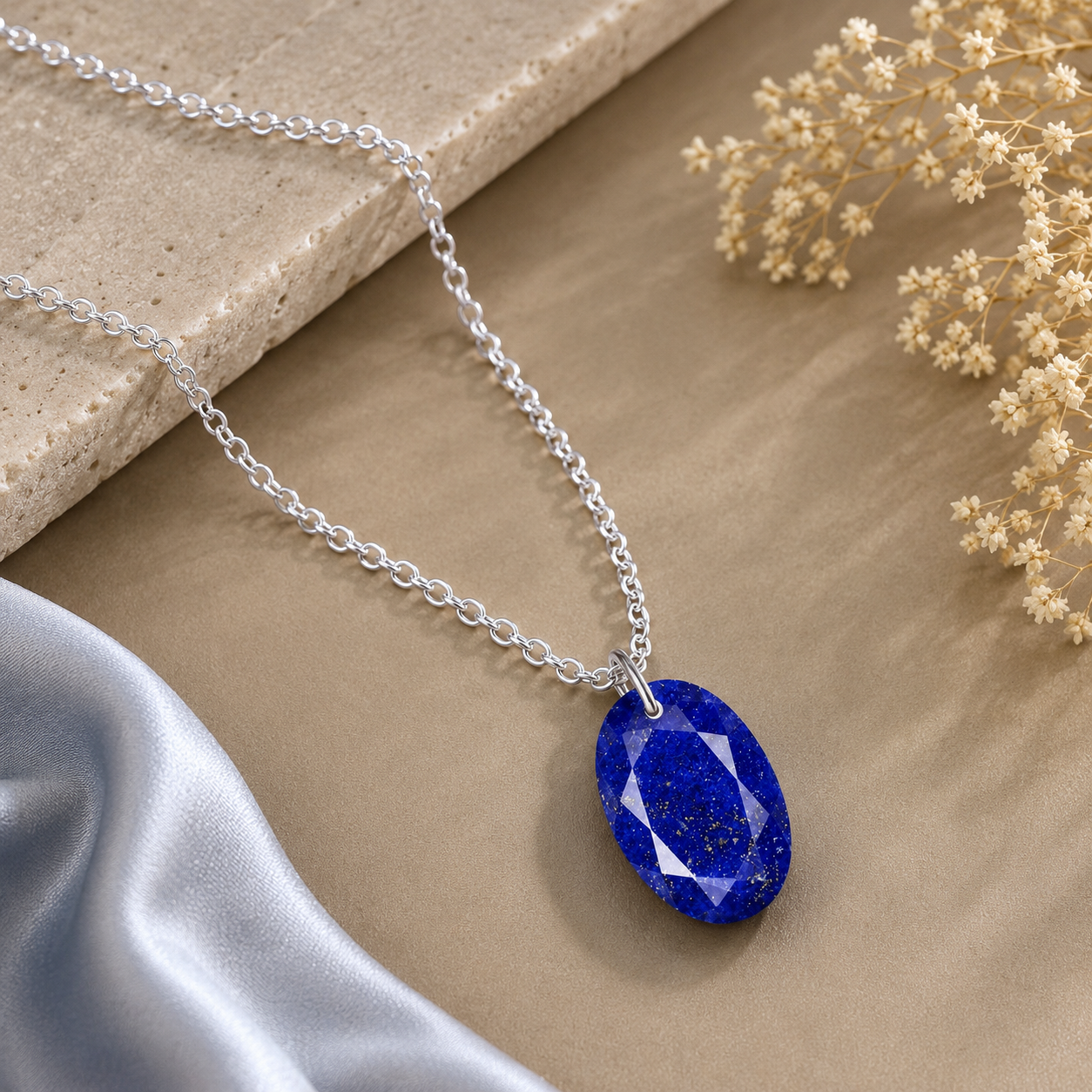 Oval Lapis Solitaire Necklace - 925 sterling Silver