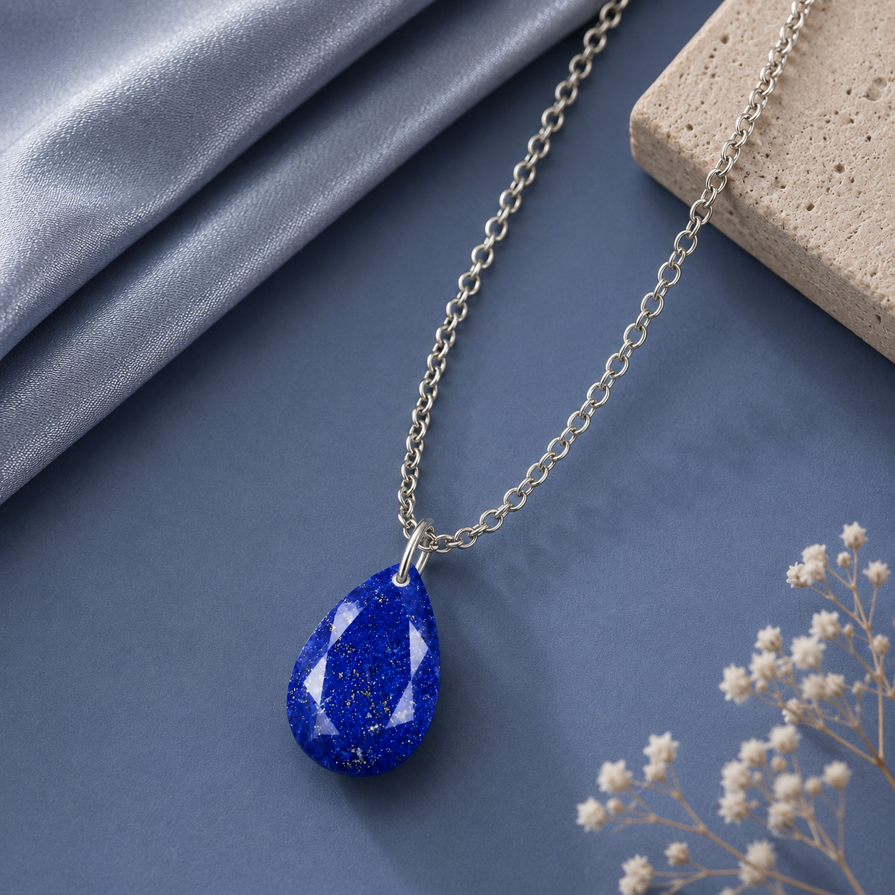 Pear Lapis Solitaire Necklace - 925 sterling Silver