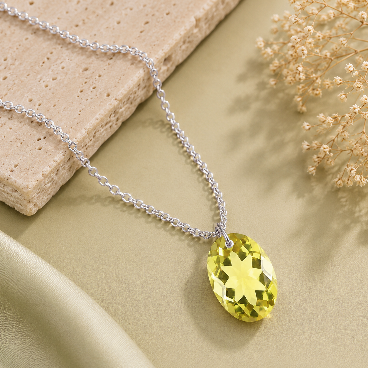 Oval Lemon Quartz Solitaire Necklace - 925 sterling Silver