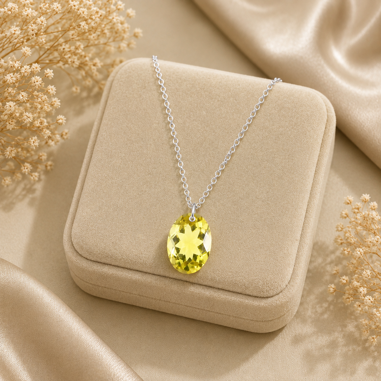 Oval Lemon Quartz Solitaire Necklace - 925 sterling Silver